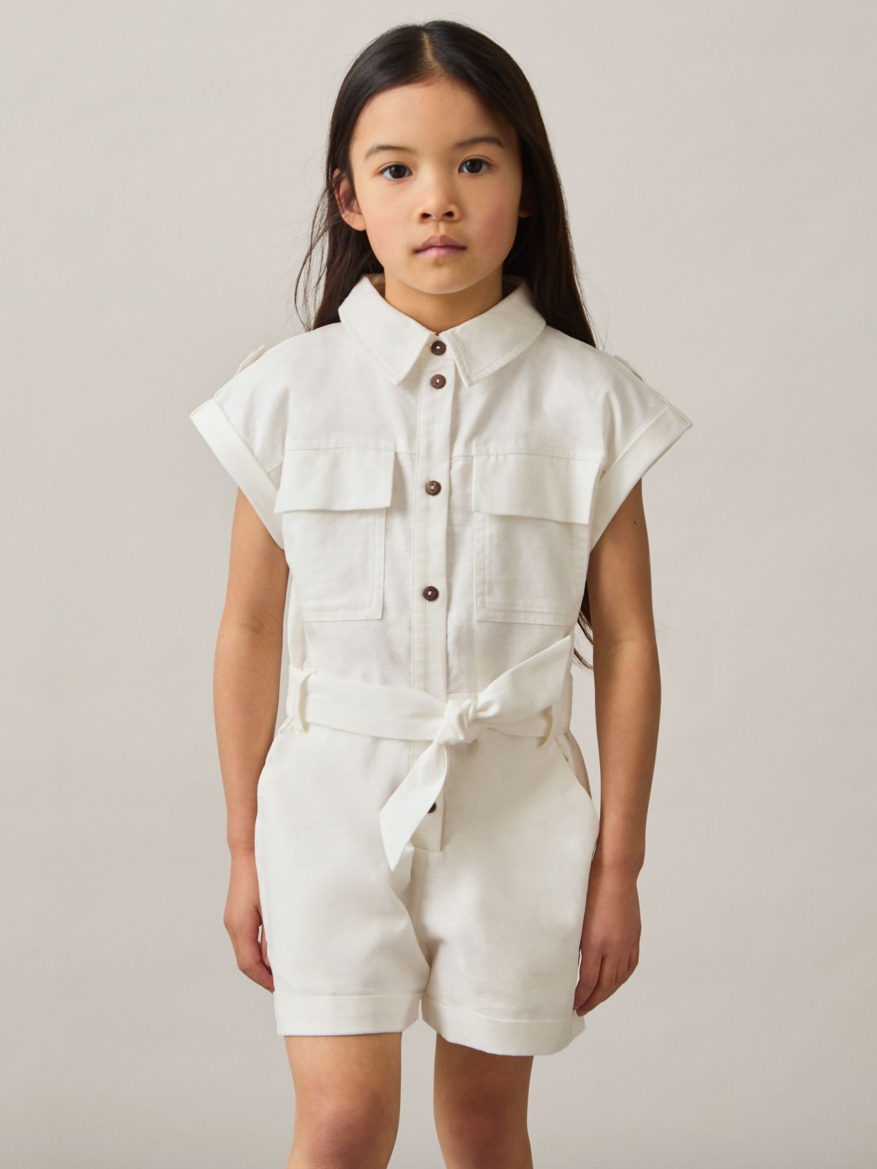 Cotton-Linen Belted Playsuit in Ivory (AP8520) | $130