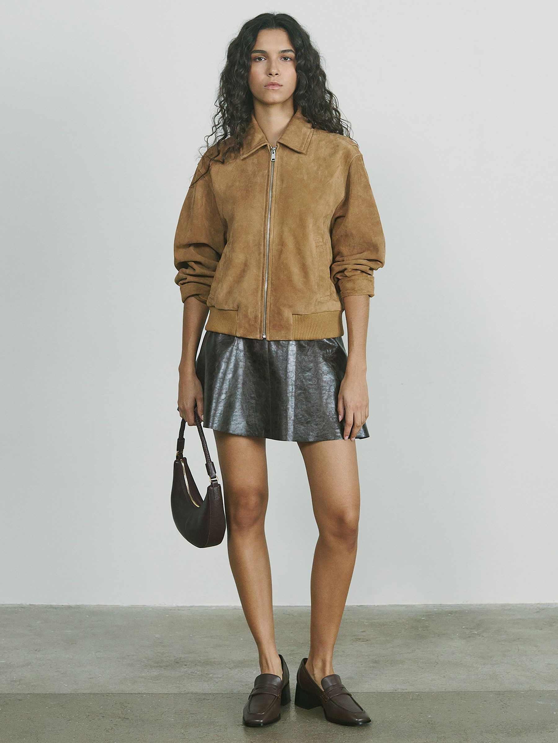 Suede Zip Through Bomber Jacket in Tan (AP8522) | US$735