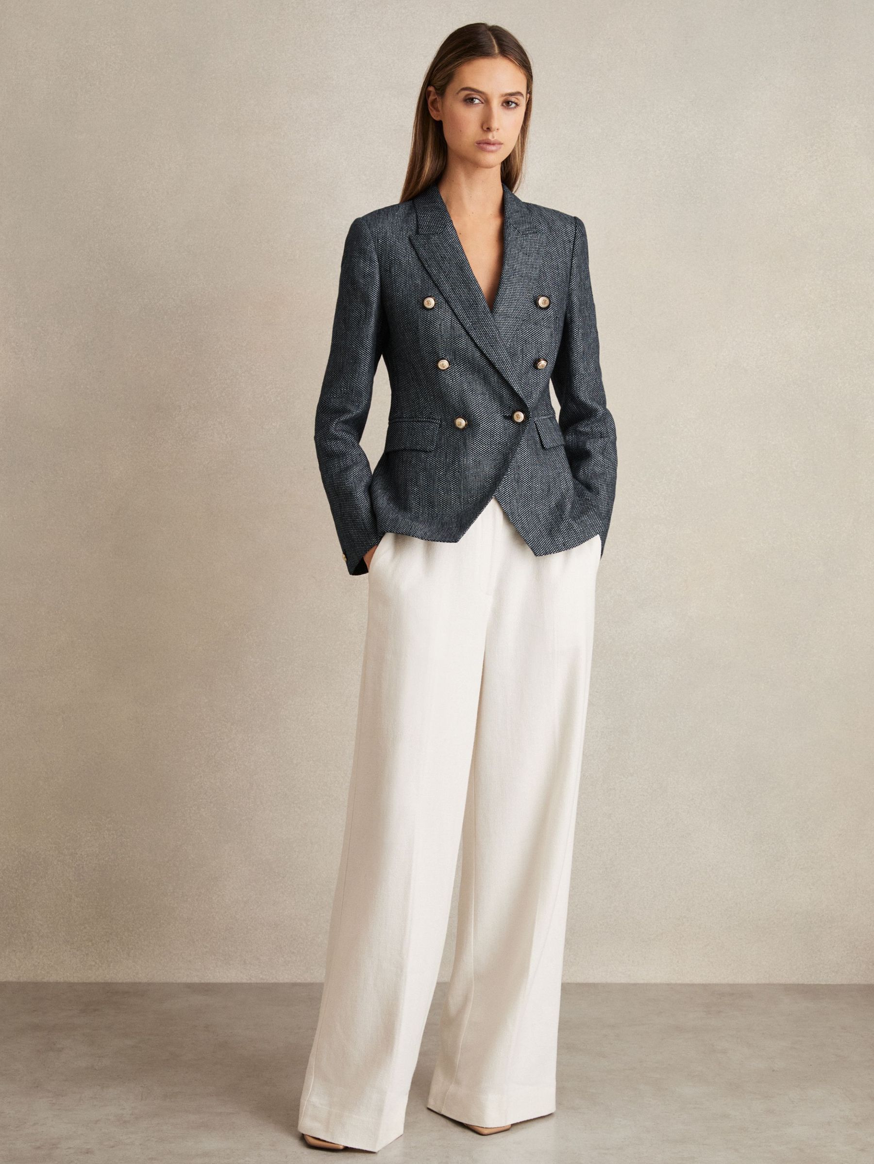 Petite Linen-Cotton Double-Breasted Blazer in Navy (AP8524) | US$510
