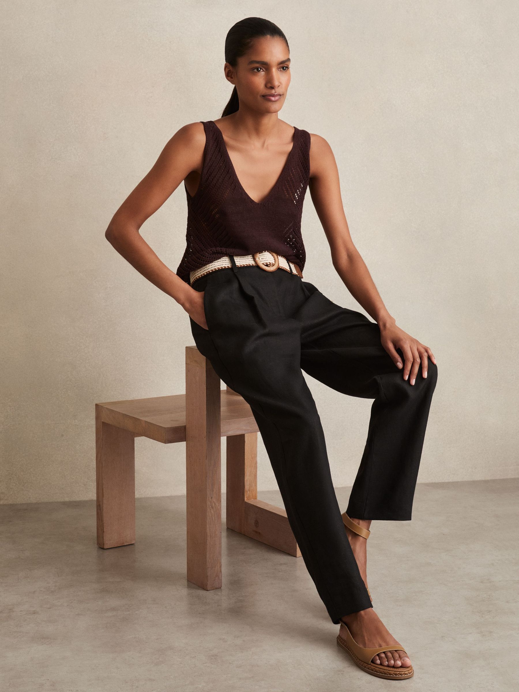 Petite Linen Belted Tapered Trousers in Black (AP8532) | US$225