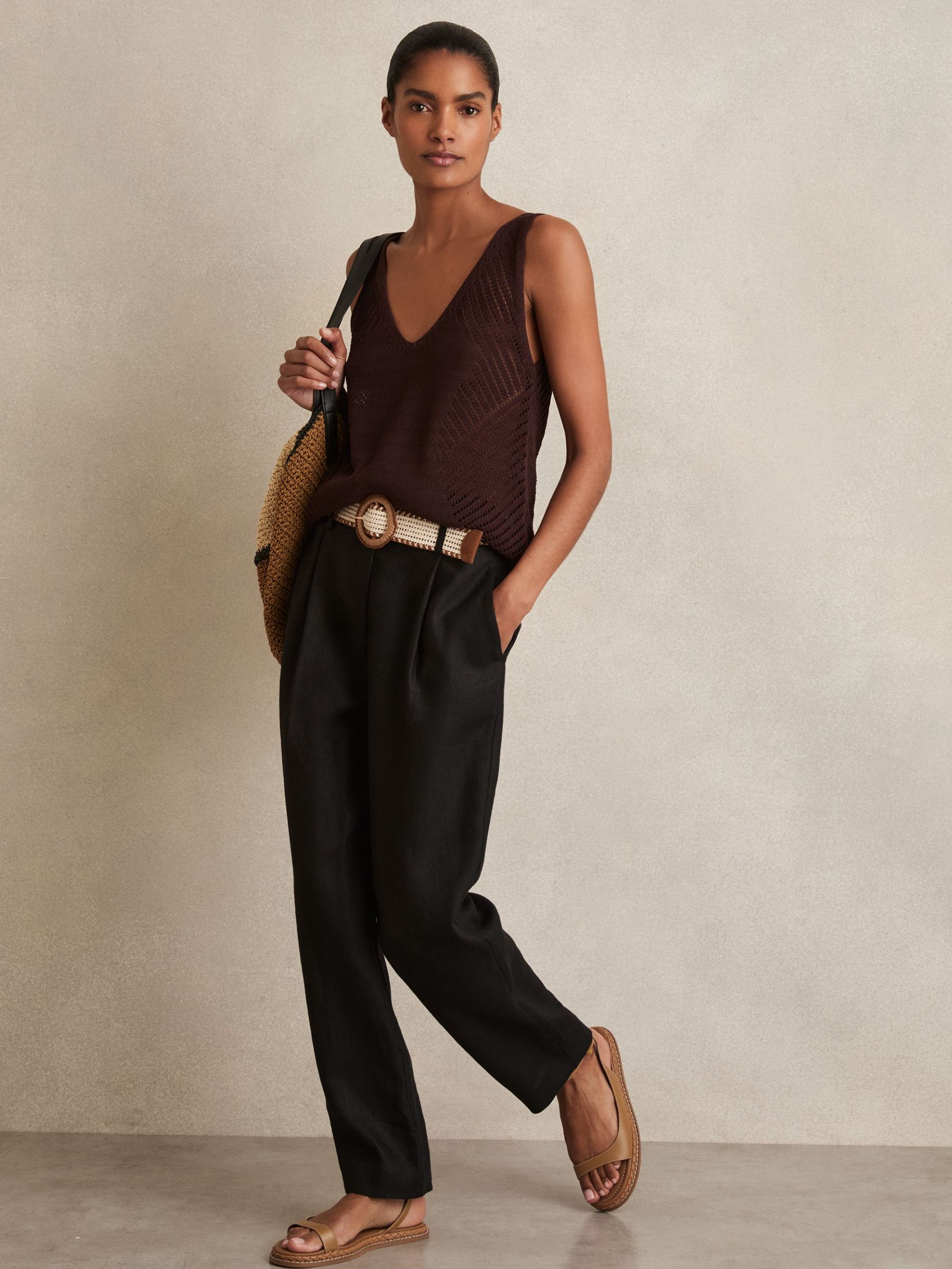 Linen Belted Tapered Trousers in Black (AP8534) | US$225