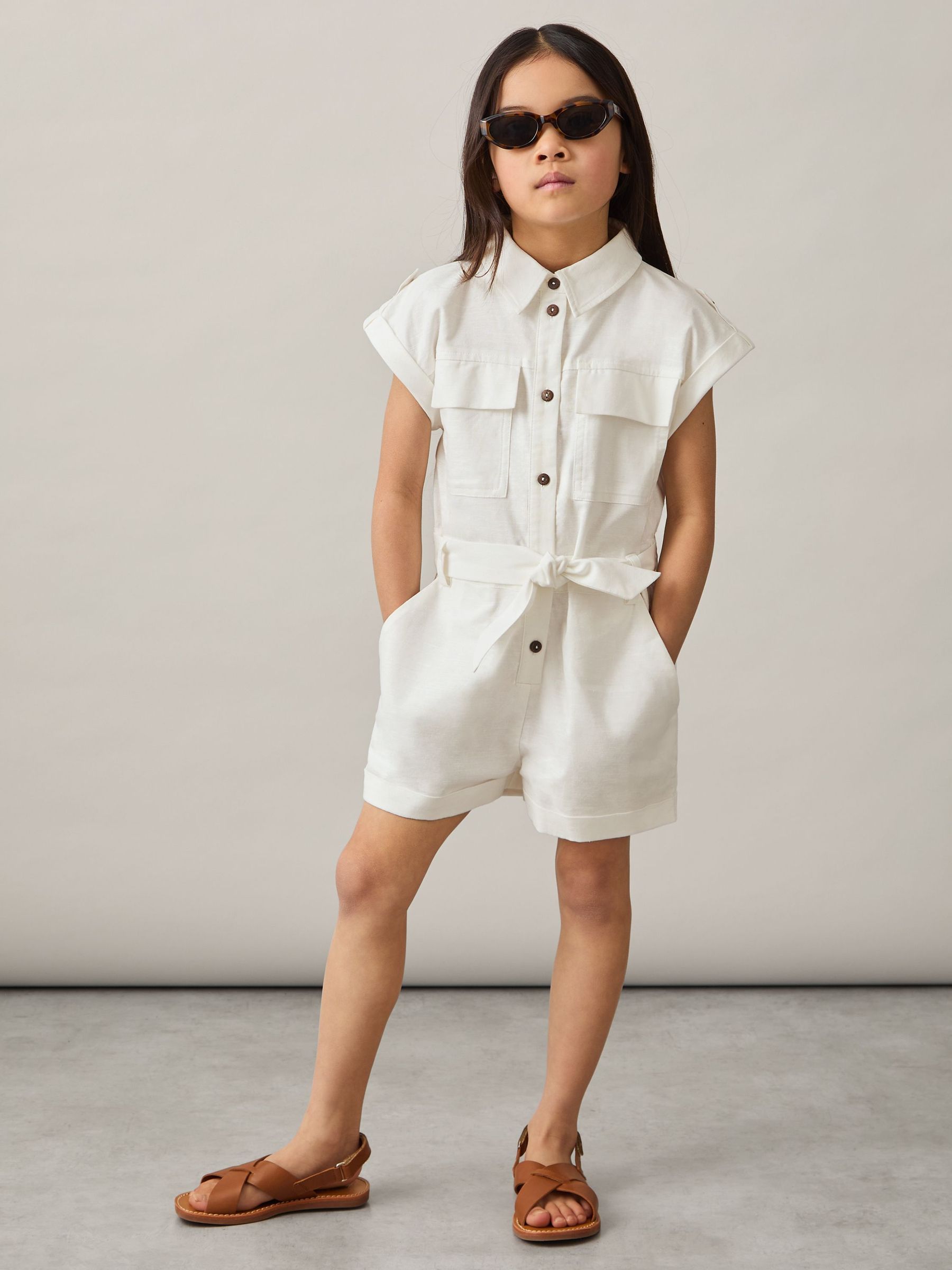 Cotton-Linen Belted Playsuit in Ivory (AP8545) | $140