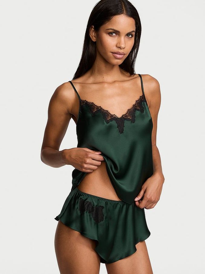 Botanical Green Satin Lace Trim Cami Set (AR2189) | €68