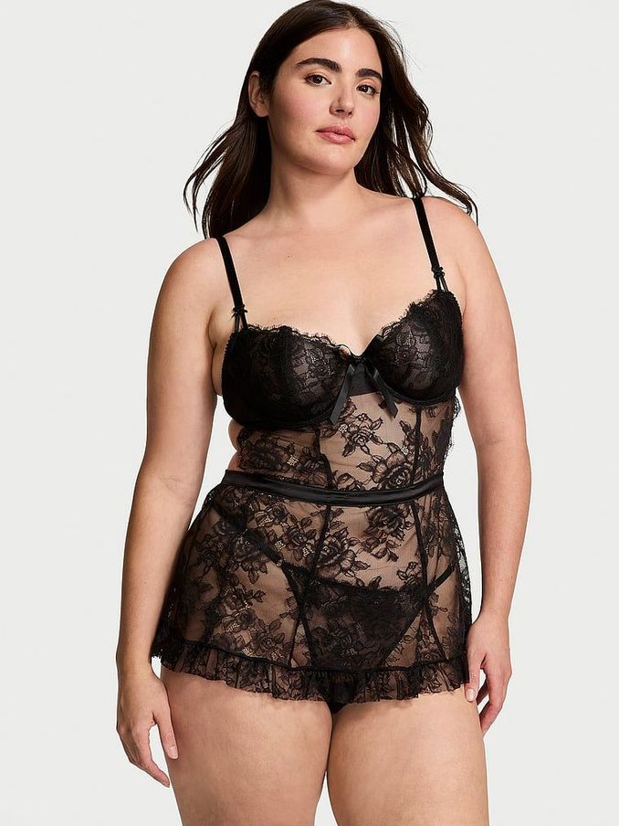 Black Rose Lace Unlined Balcony Apron Bodysuit (AR2190) | €86