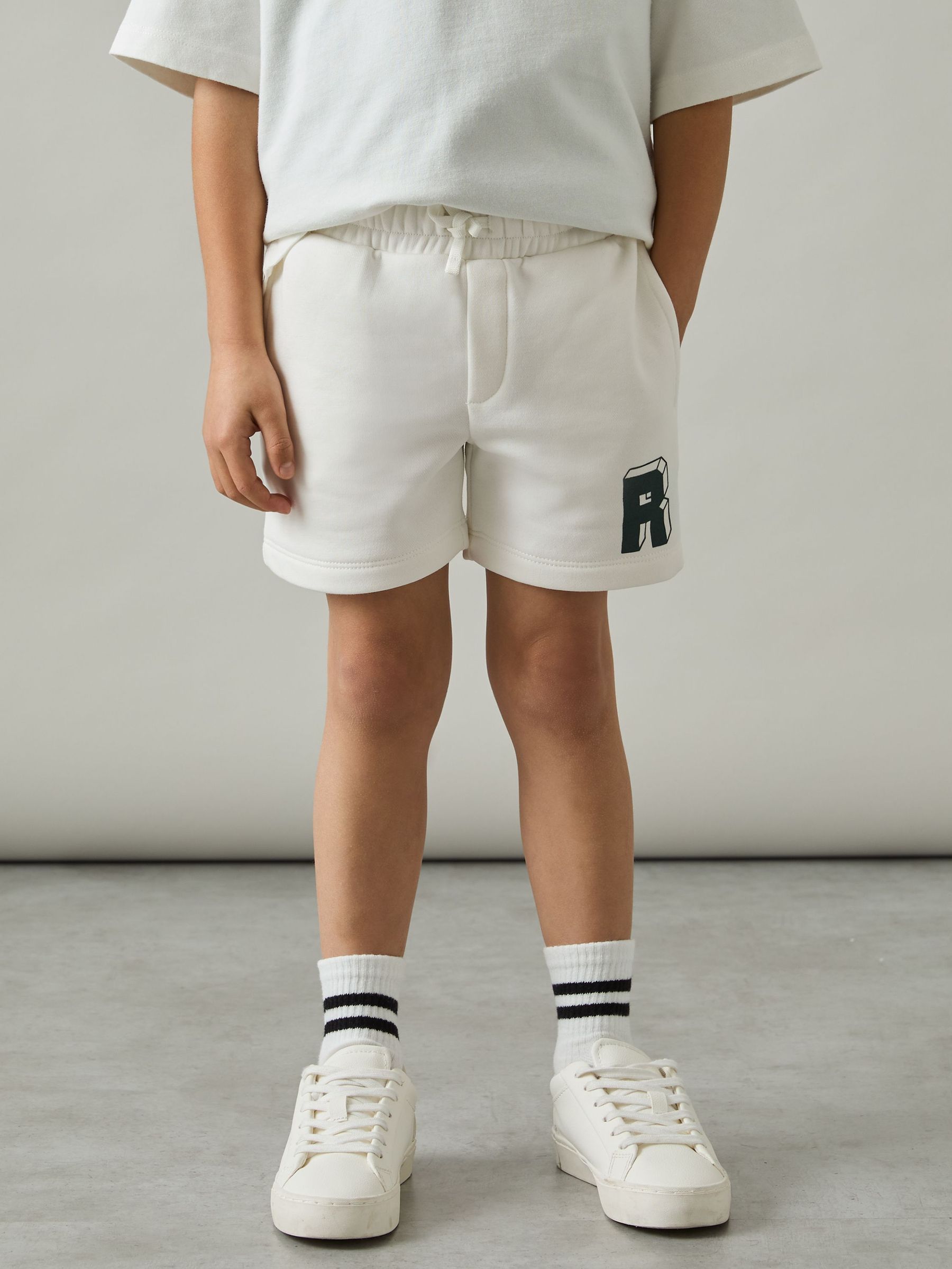 9-13 yrs Jersey Drawstring R Print Shorts in Off White/Forest Green (AR3849) | €40