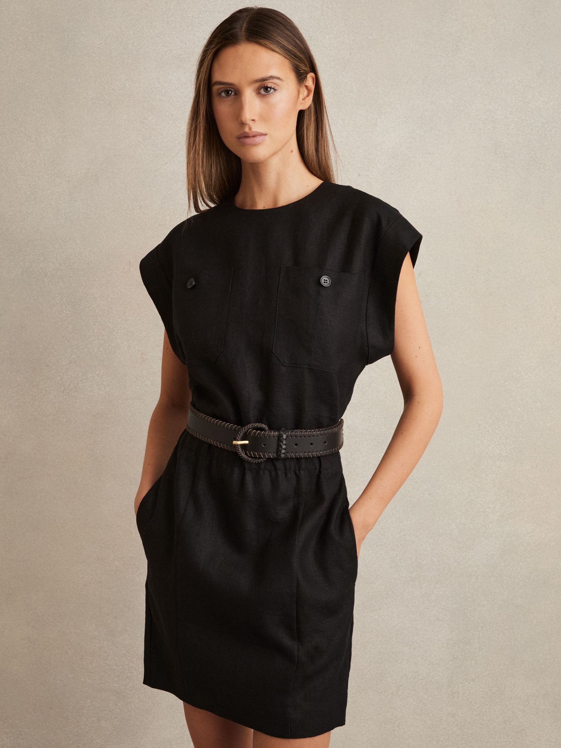 Linen Short Sleeve Mini Dress in Black (AR3927) | €225