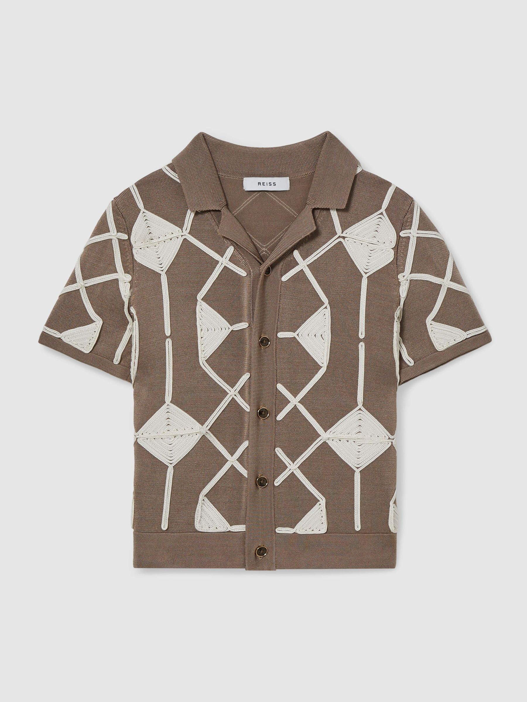13-14 yrs Geometric Embroidery Knit Shirt in Mink Brown/ Off White (AR3929) | €36