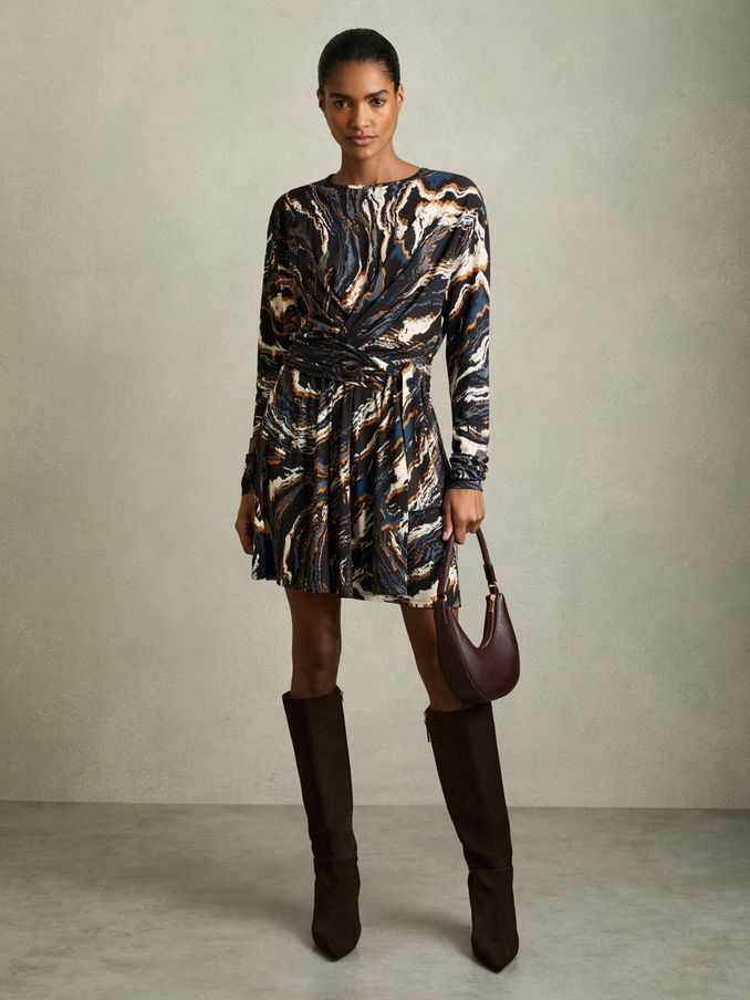 Jersey Printed Tie-Waist Mini Dress in Black/Blue (AR3937) | US$130
