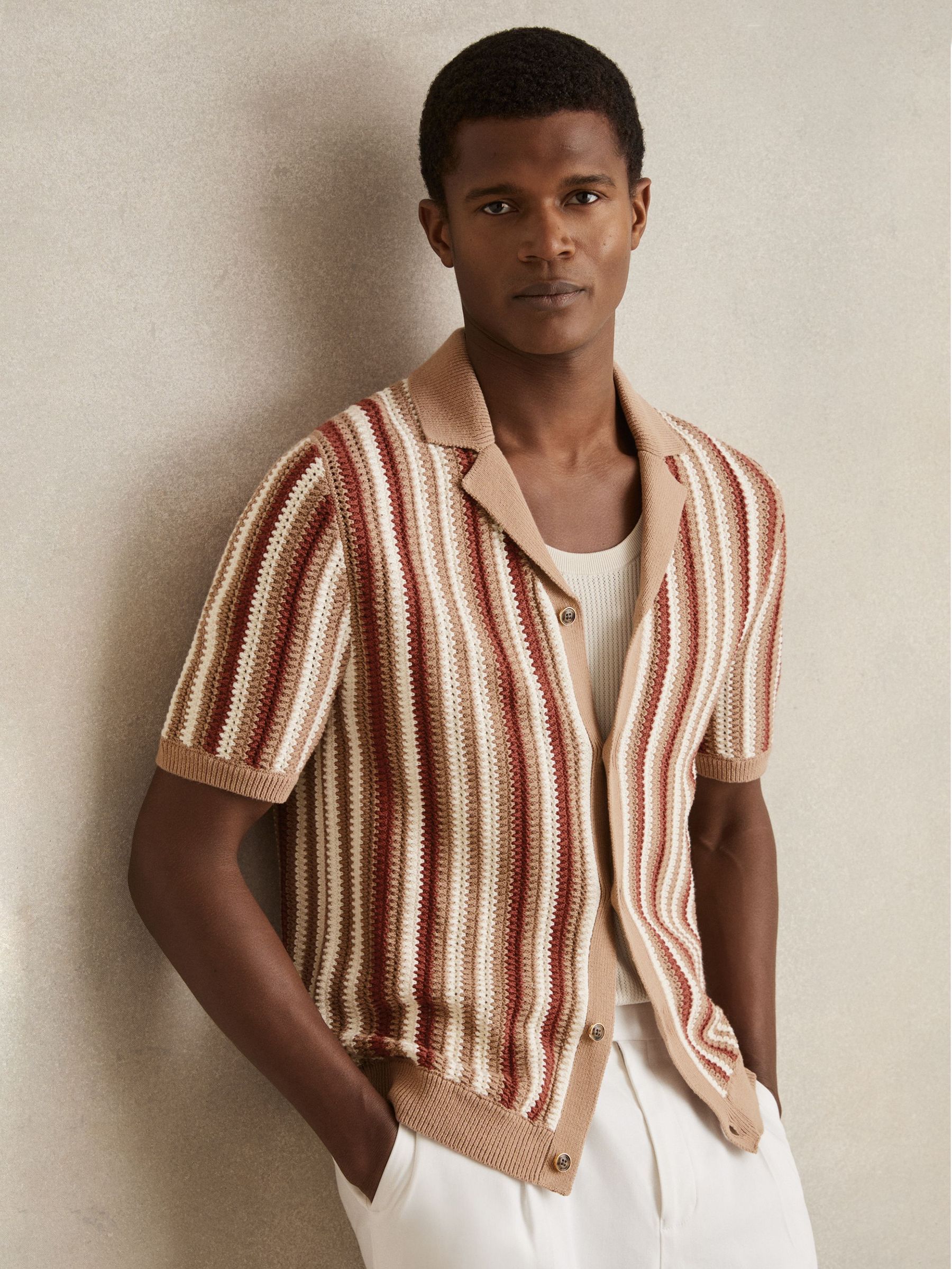 Cotton Crochet Stripe Cuban Shirt in Camel Multi (AR3944) | €185