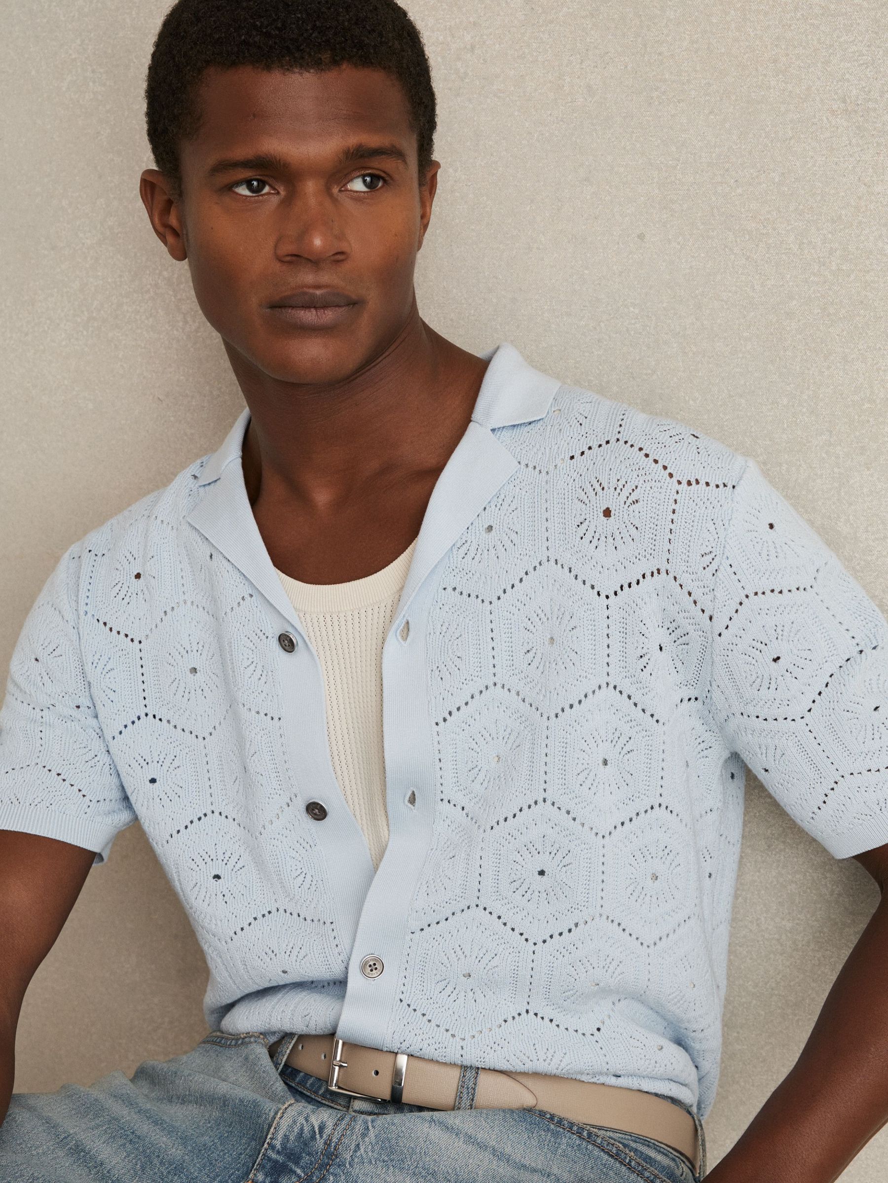 Pointelle Button-Through Shirt in Soft Blue (AR3948) | US$195