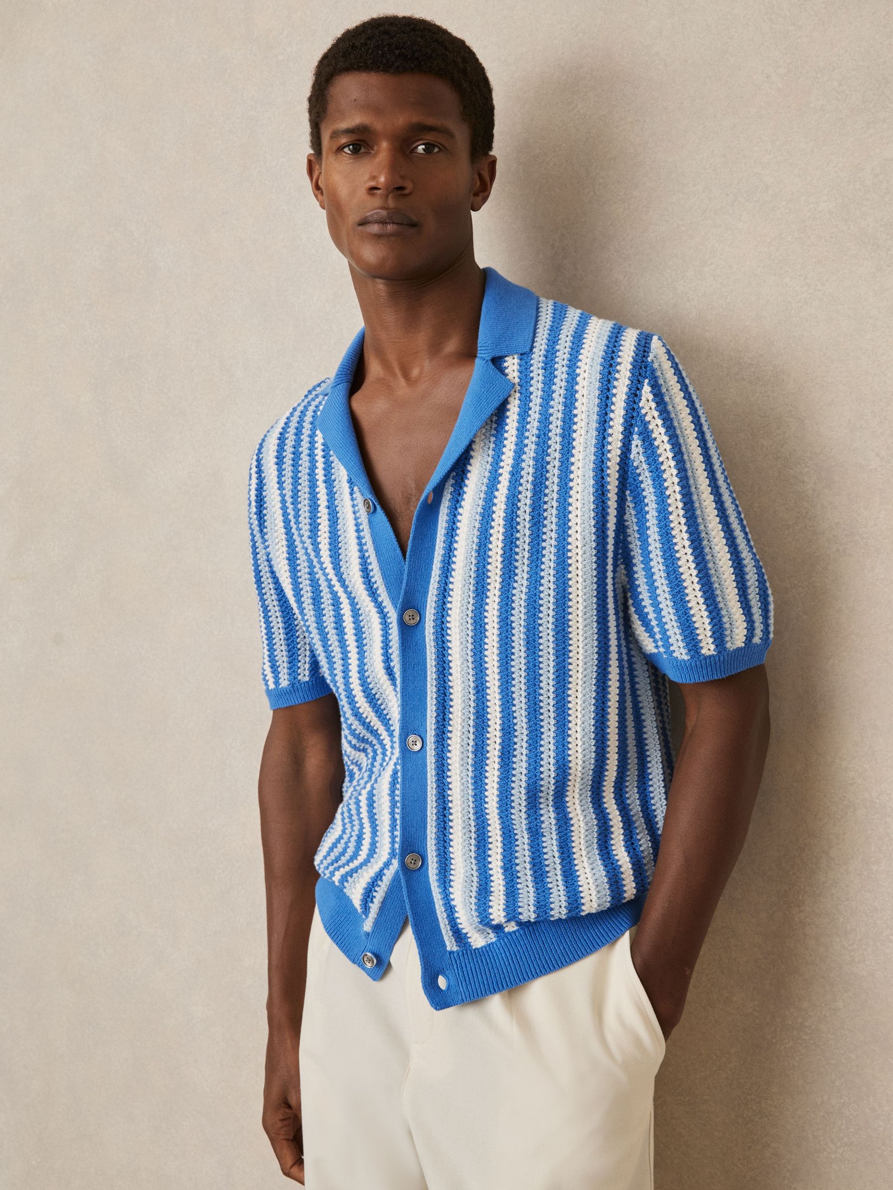Cotton Crochet Stripe Cuban Shirt in Blue Multi (AR3951) | €185