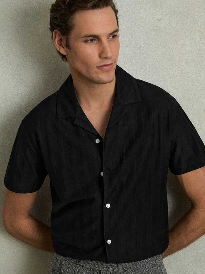 Cotton Textured Cuban-Collar Shirt in Black (AR6477) | US$110