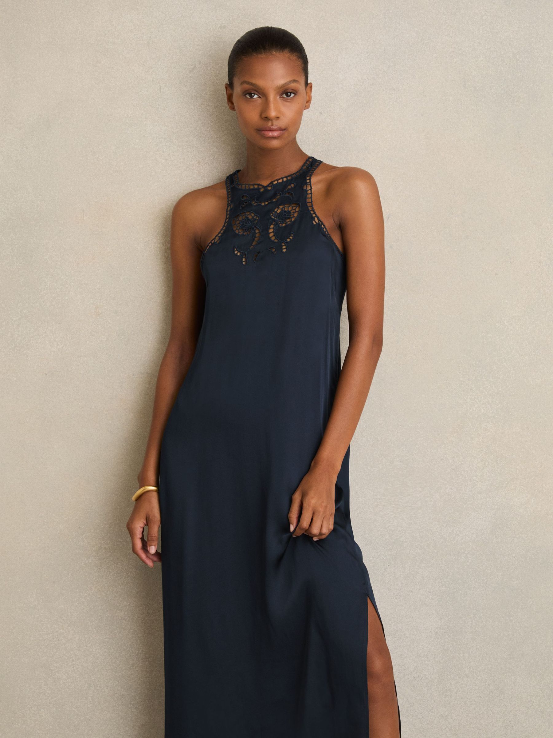 Satin Cut-Out Slip Dress in Navy (AR6486) | US$390