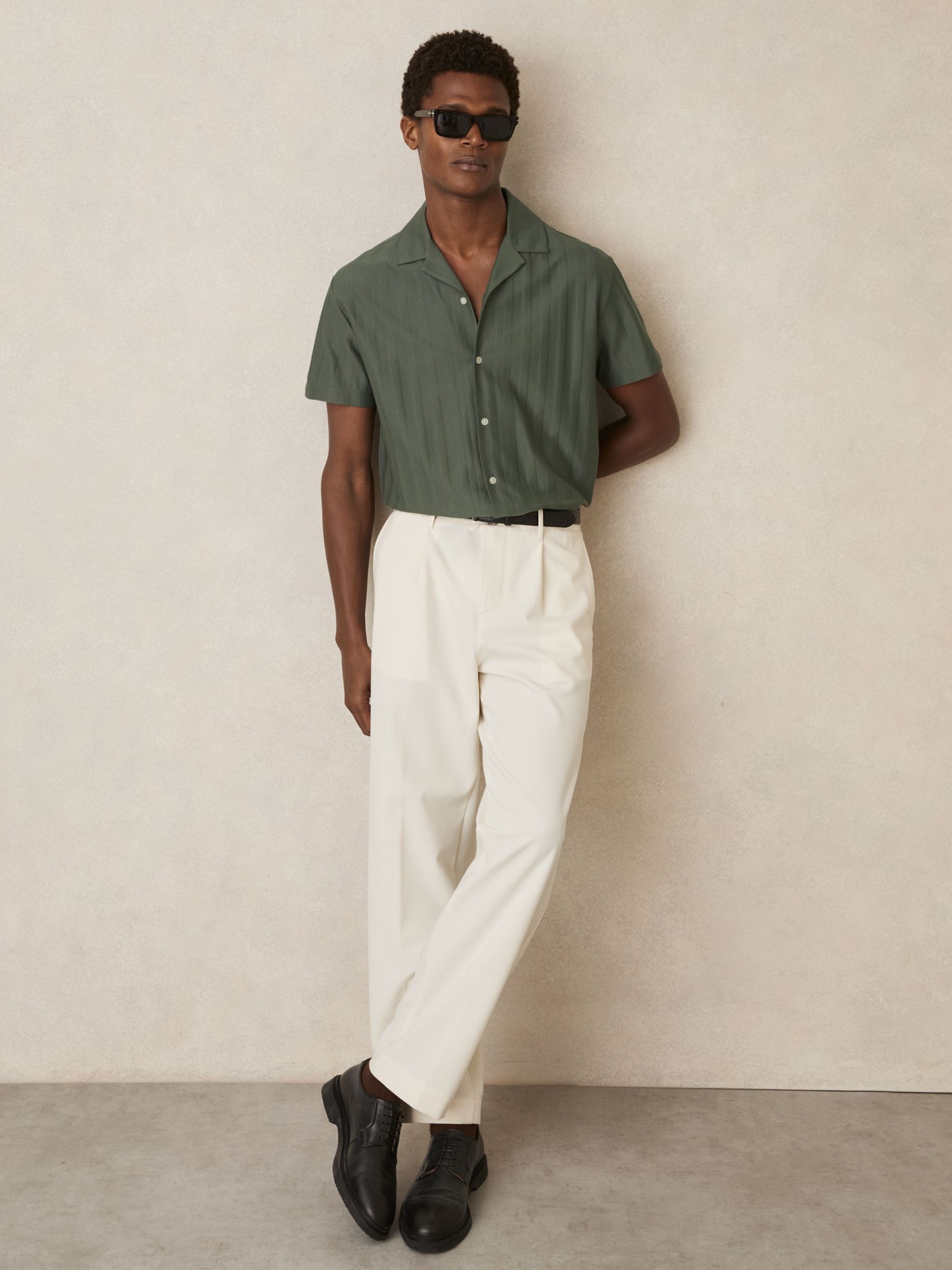 Cotton Textured Cuban-Collar Shirt in Sage (AR6488) | US$110