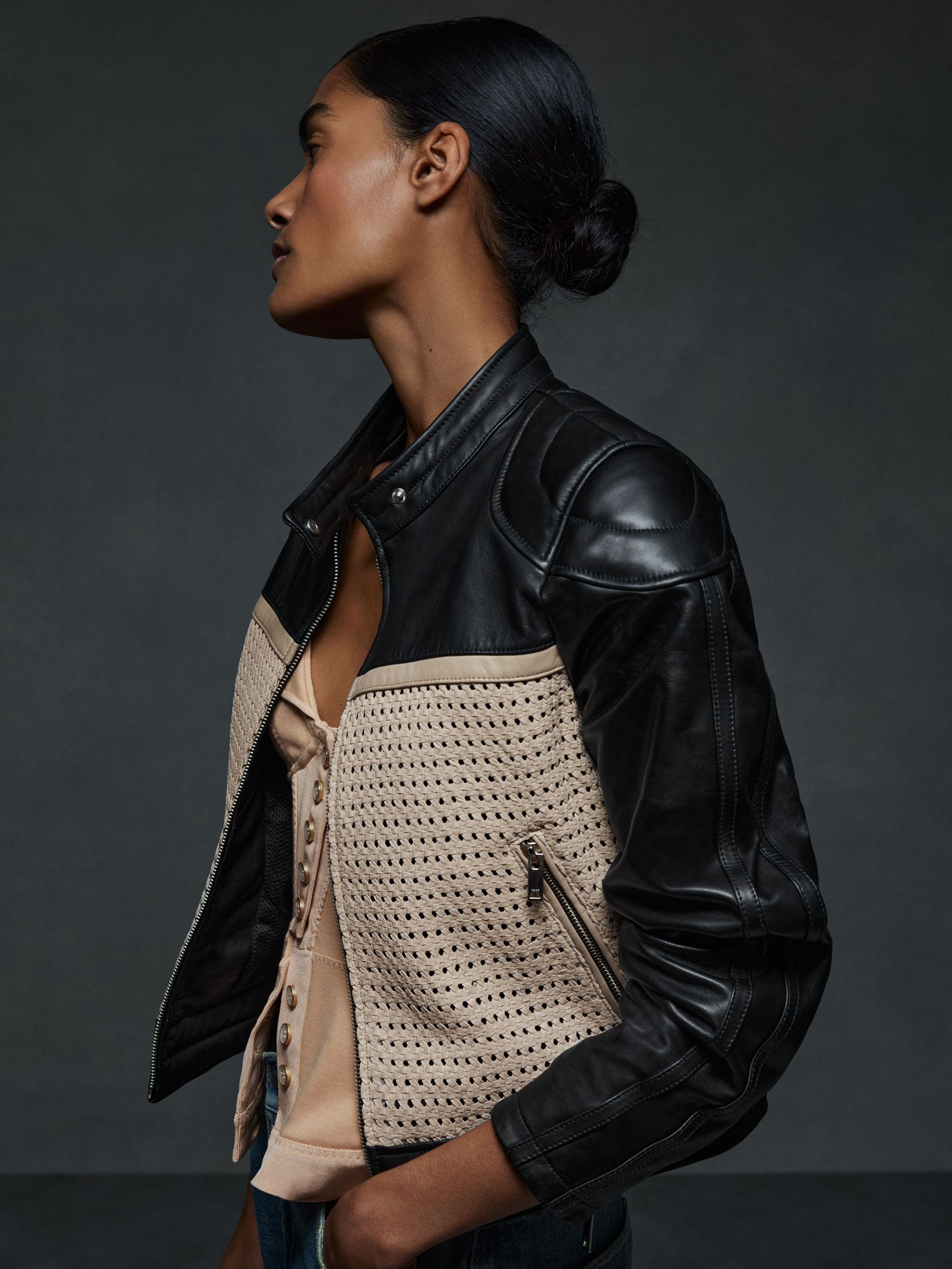 Atelier Leather Woven Biker Jacket in Black (AR6490) | US$1,290