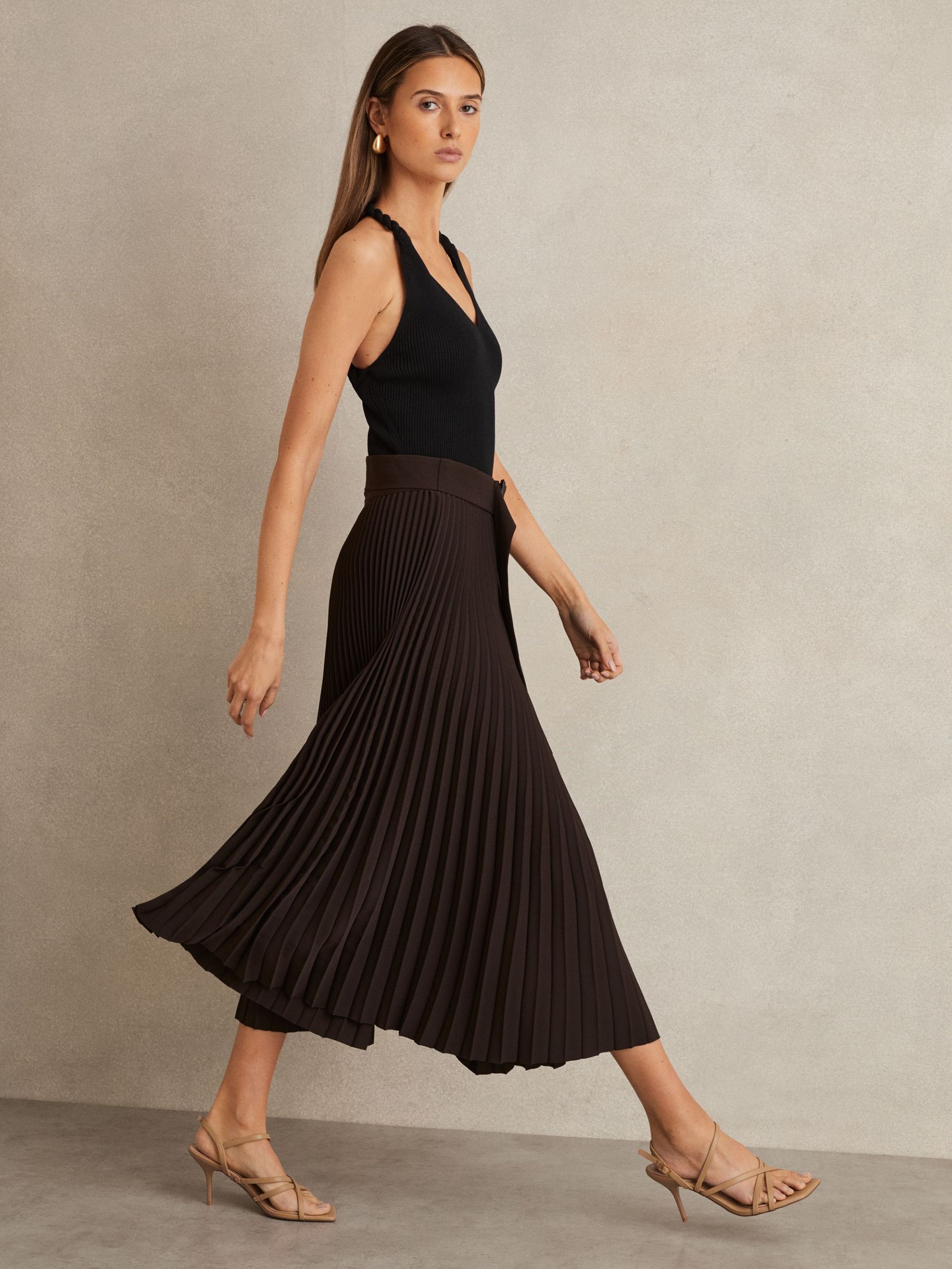 Pleated Belted Midi Skirt in Chocolate Brown (AR6491) | €245