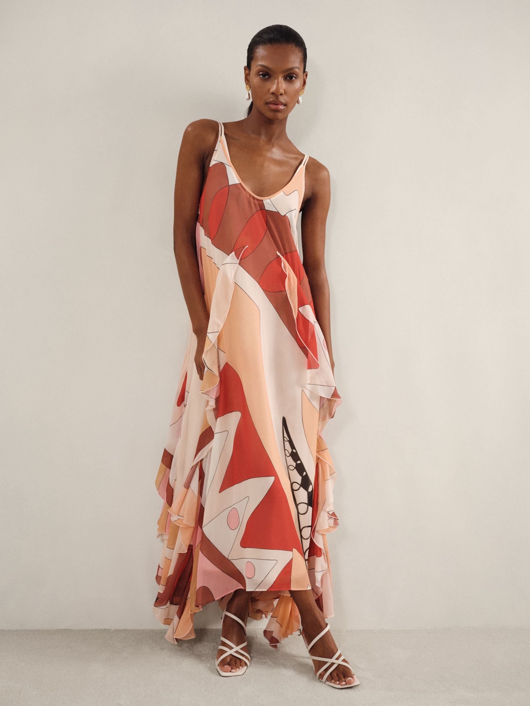 Printed Ruffle Trim Maxi Dress in Cream/Red (AR6497) | US$610