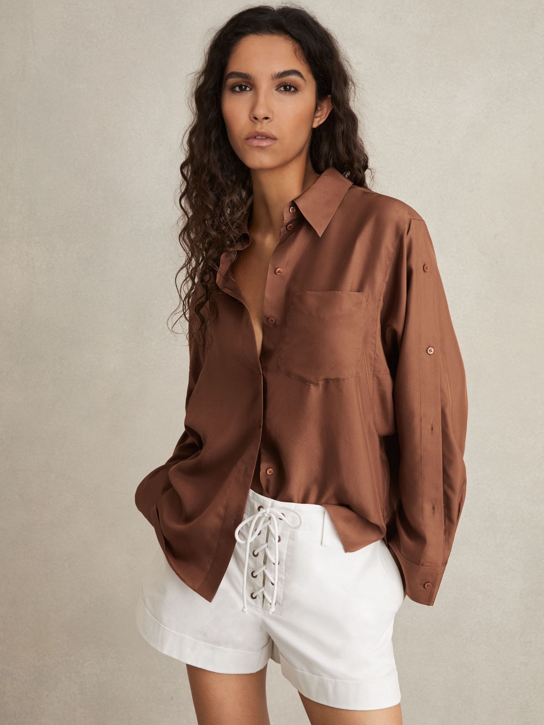 Silk Button Sleeve Shirt in Brown (AR6505) | US$330