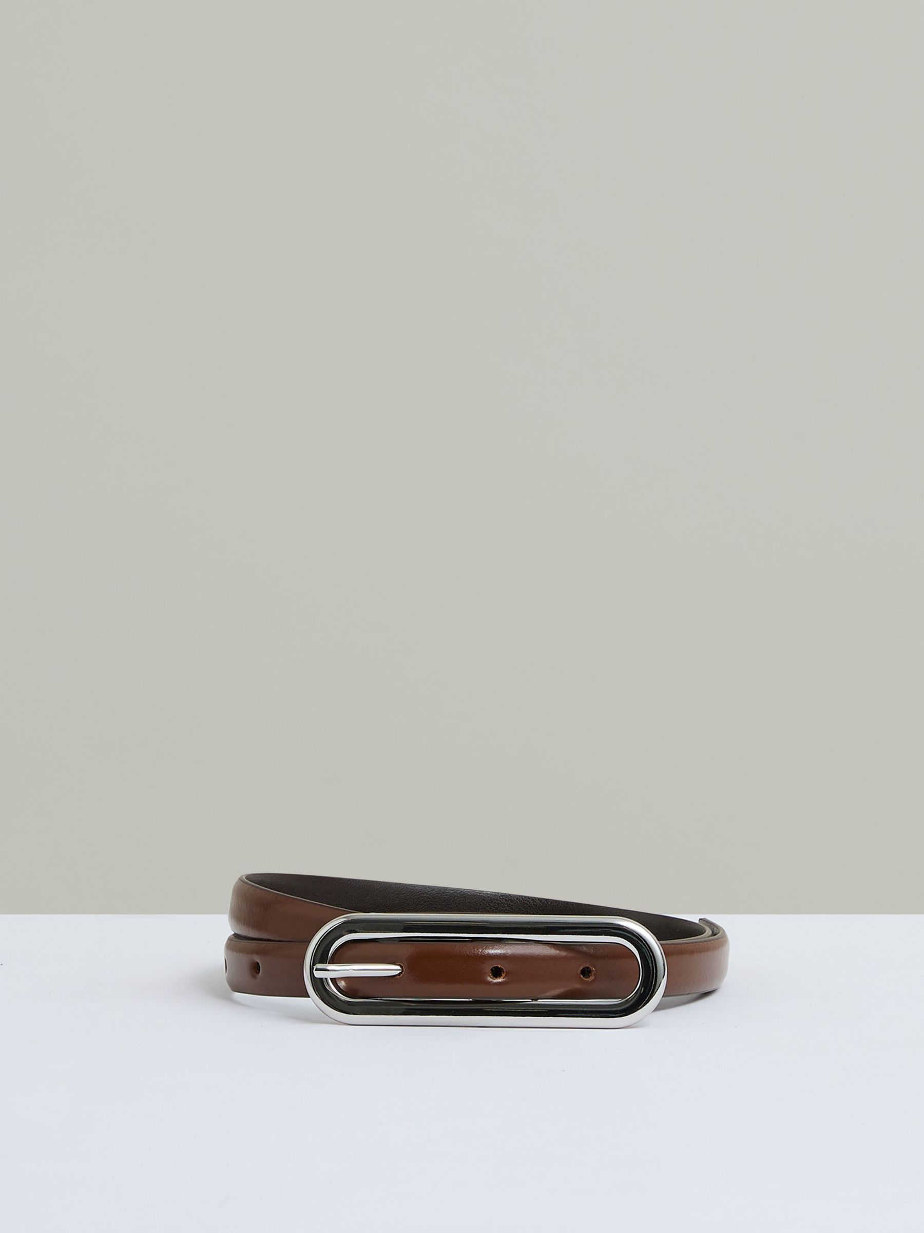 Thin Leather Elongated Buckle Belt in Tan (AR6525) | US$75