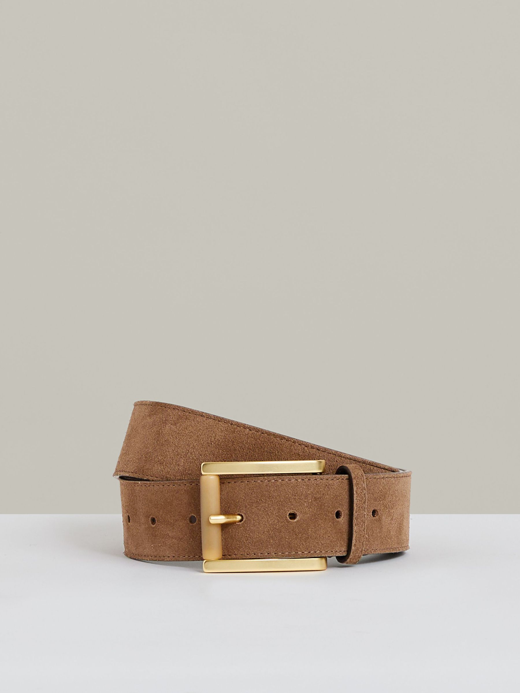 Suede Square Roller Buckle Belt in Tan (AR6529) | $180