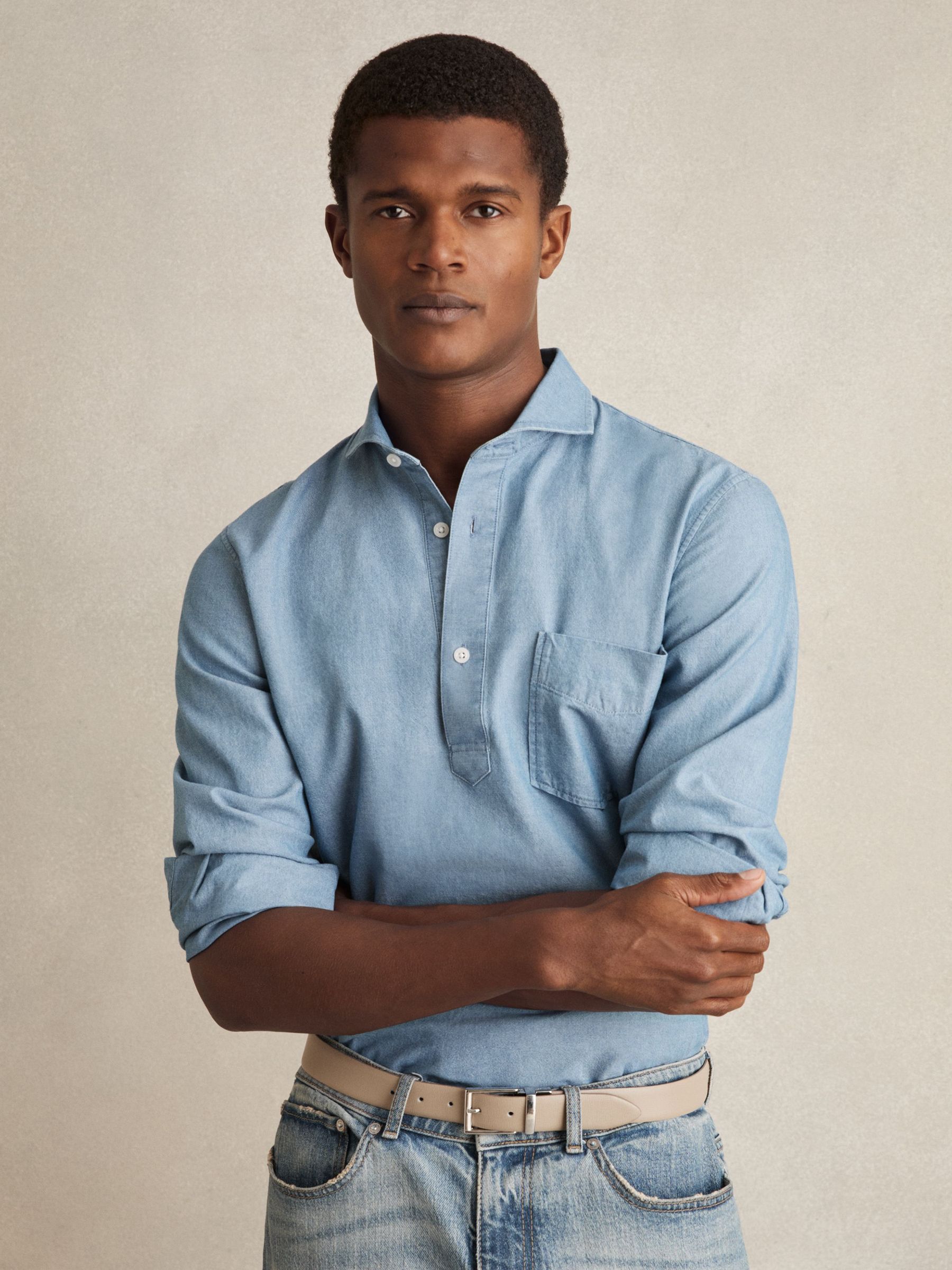 Cotton Cutaway-Collar Denim Shirt in Light Wash Indigo (AR6531) | US$180