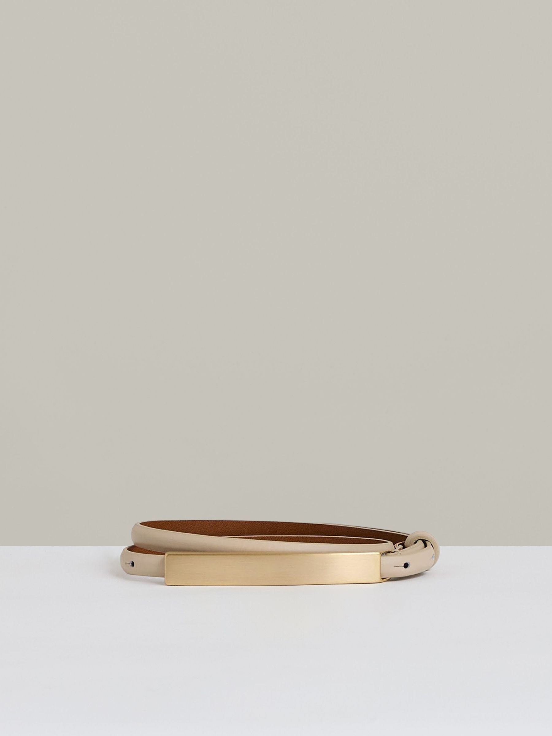 Leather Bar-Buckle Skinny Belt in Neutral (AR6540) | US$95