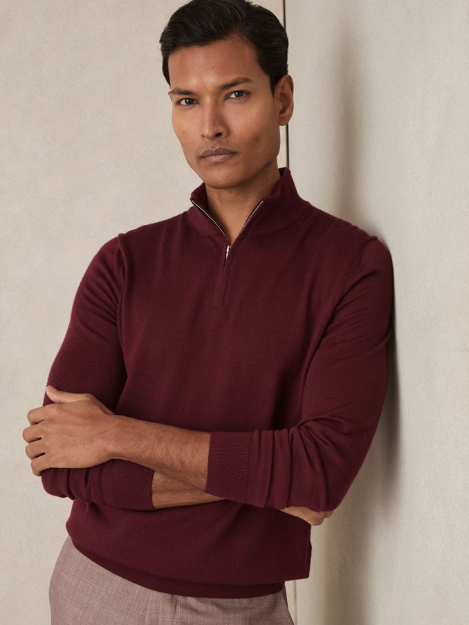 Merino Wool Half-Zip Funnel Neck Jumper in Claret Red (AR9355) | €97