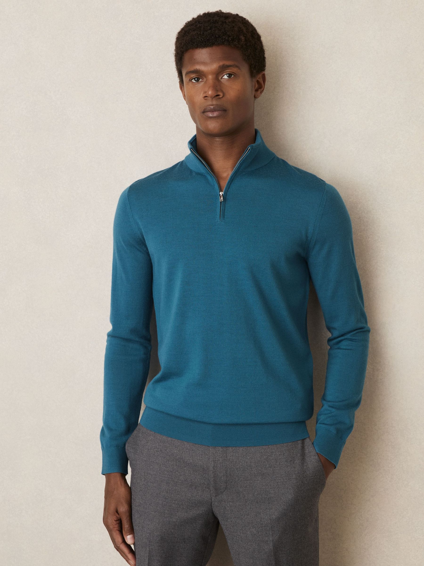 Merino Wool Half-Zip Funnel Neck Jumper in Deep Teal Blue (AR9364) | US$78