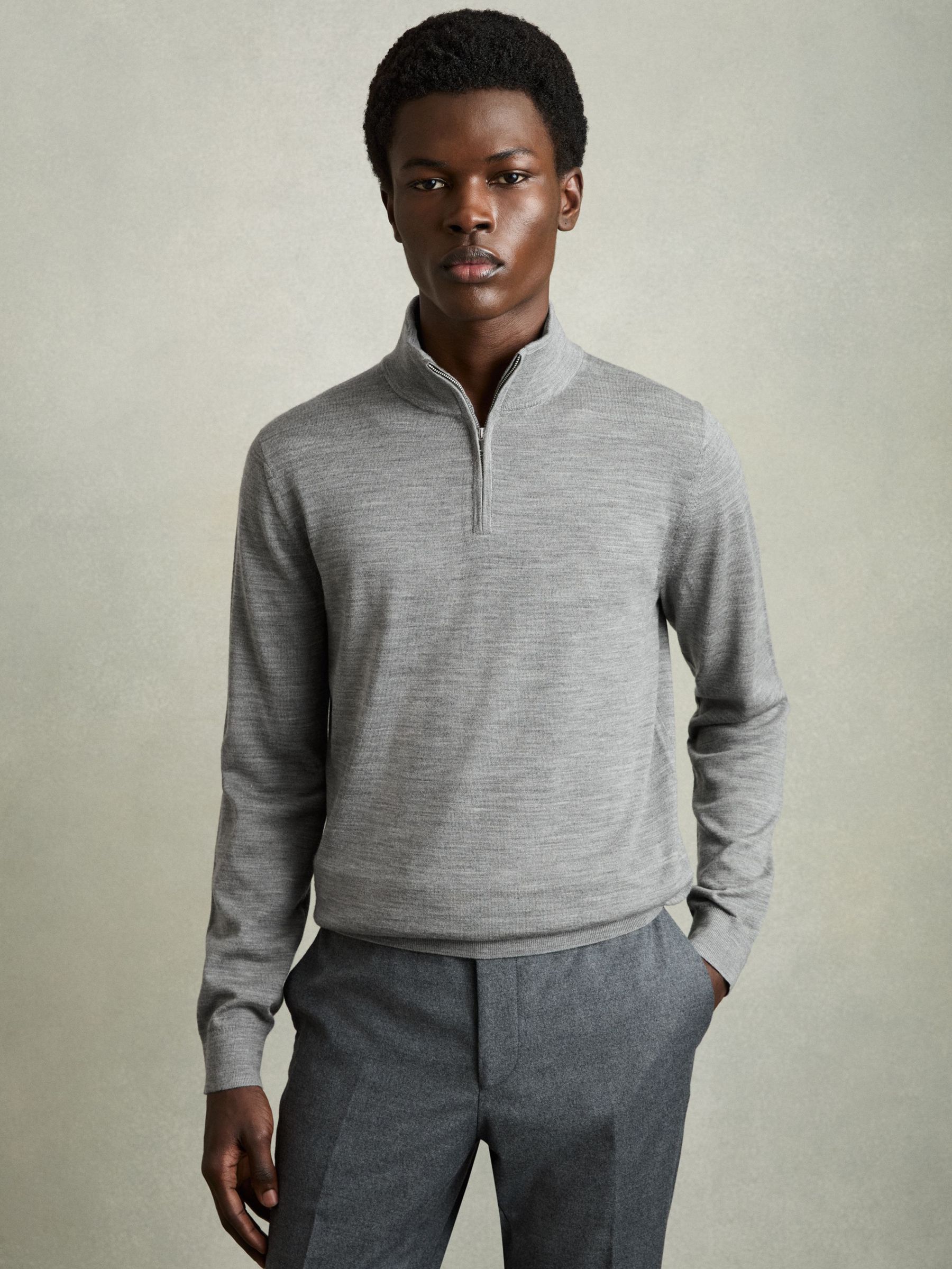 Merino Wool Half-Zip Funnel Neck Jumper in Warm Grey Melange (AR9367) | US$94