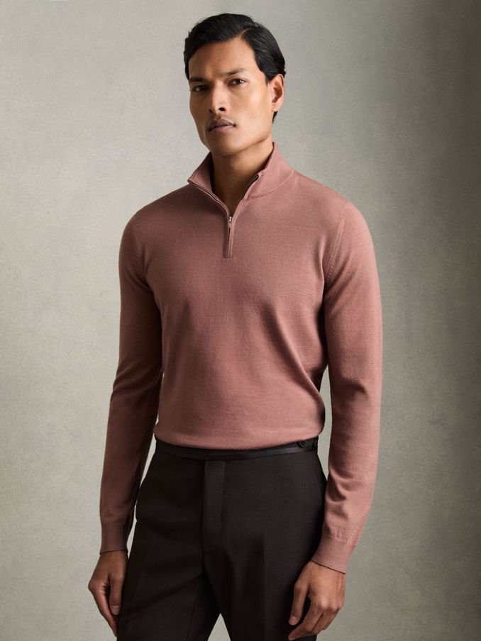 Merino Wool Half-Zip Funnel Neck Jumper in Dusty Blush Pink (AR9368) | €68