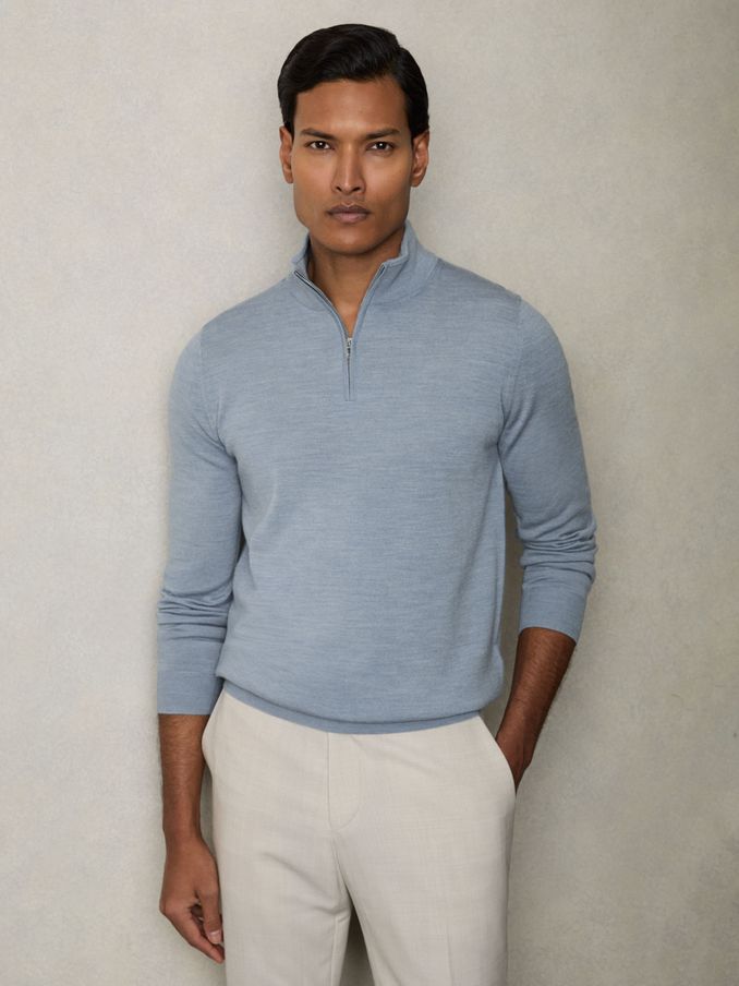 Merino Wool Half-Zip Funnel Neck Jumper in Soft Blue Melange (AR9371) | €140