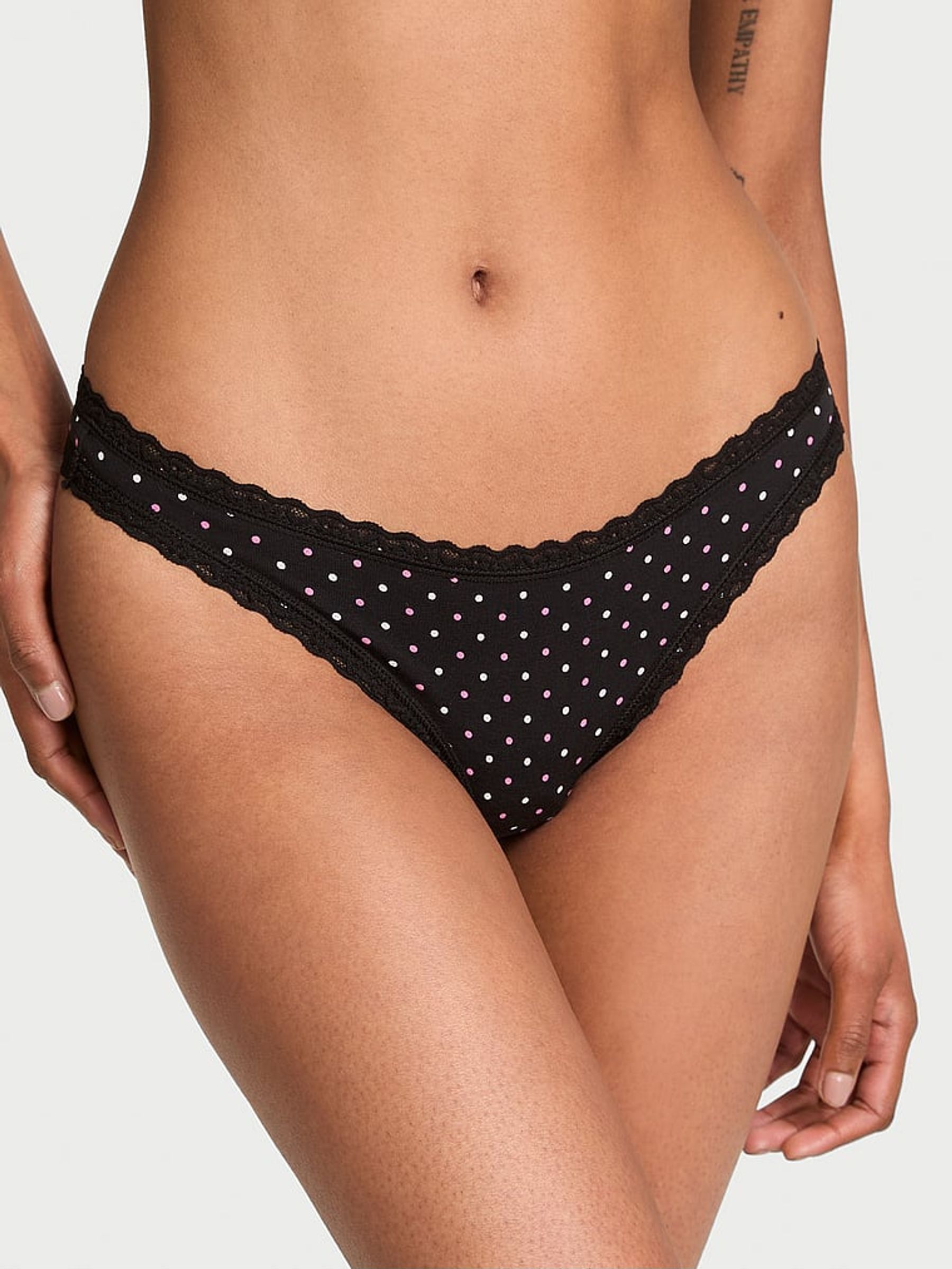 Black Multicolour Dot Thong Cotton Lace Waist Knickers (AR9442) | €10.50