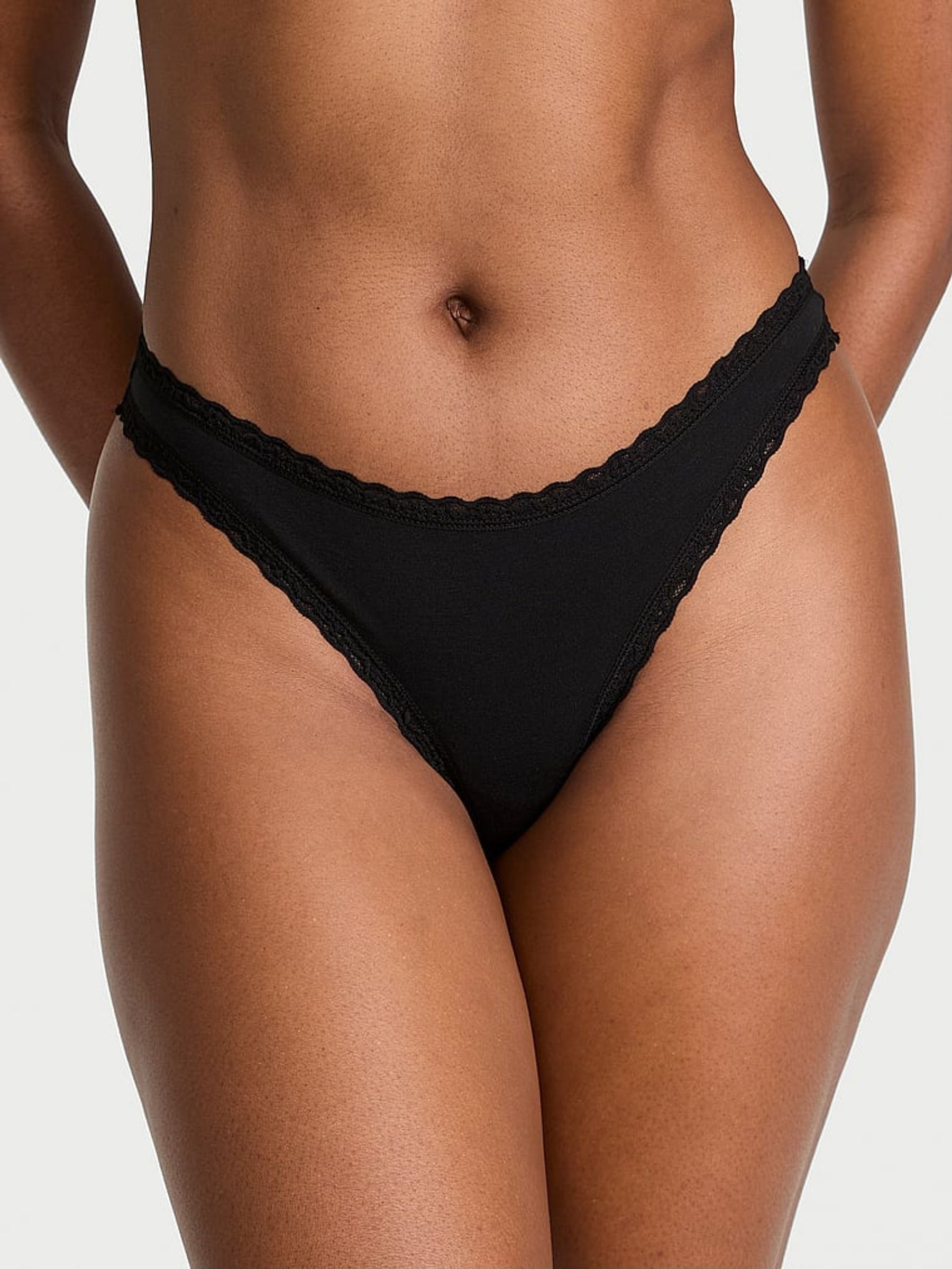 Black Thong Cotton Lace Waist Knickers (AR9445) | €10.50