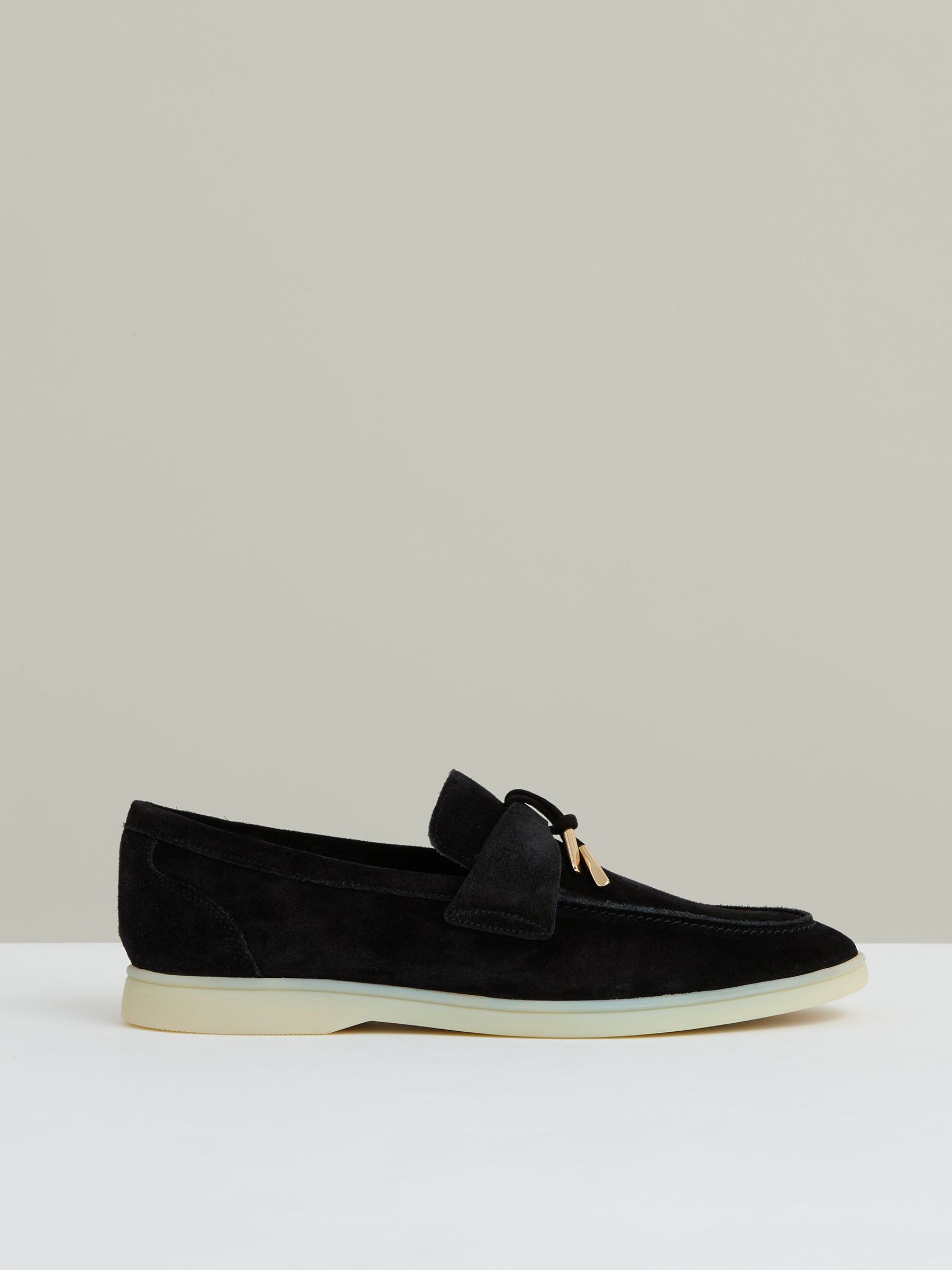 Suede Slip On Tassel Loafers in Black (AR9588) | $320