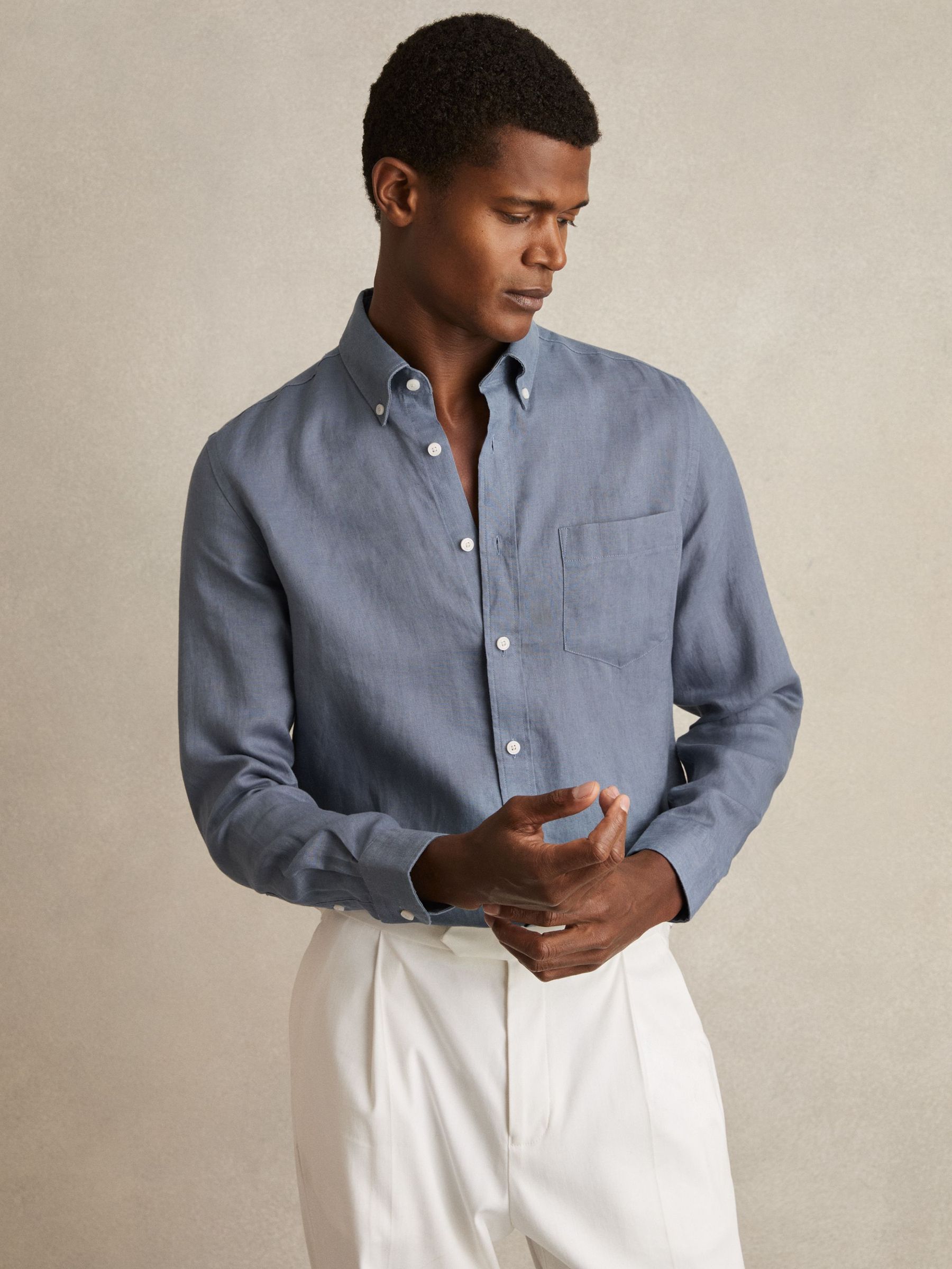 Linen Button-Through Shirt in Airforce Blue (AR9594) | €140