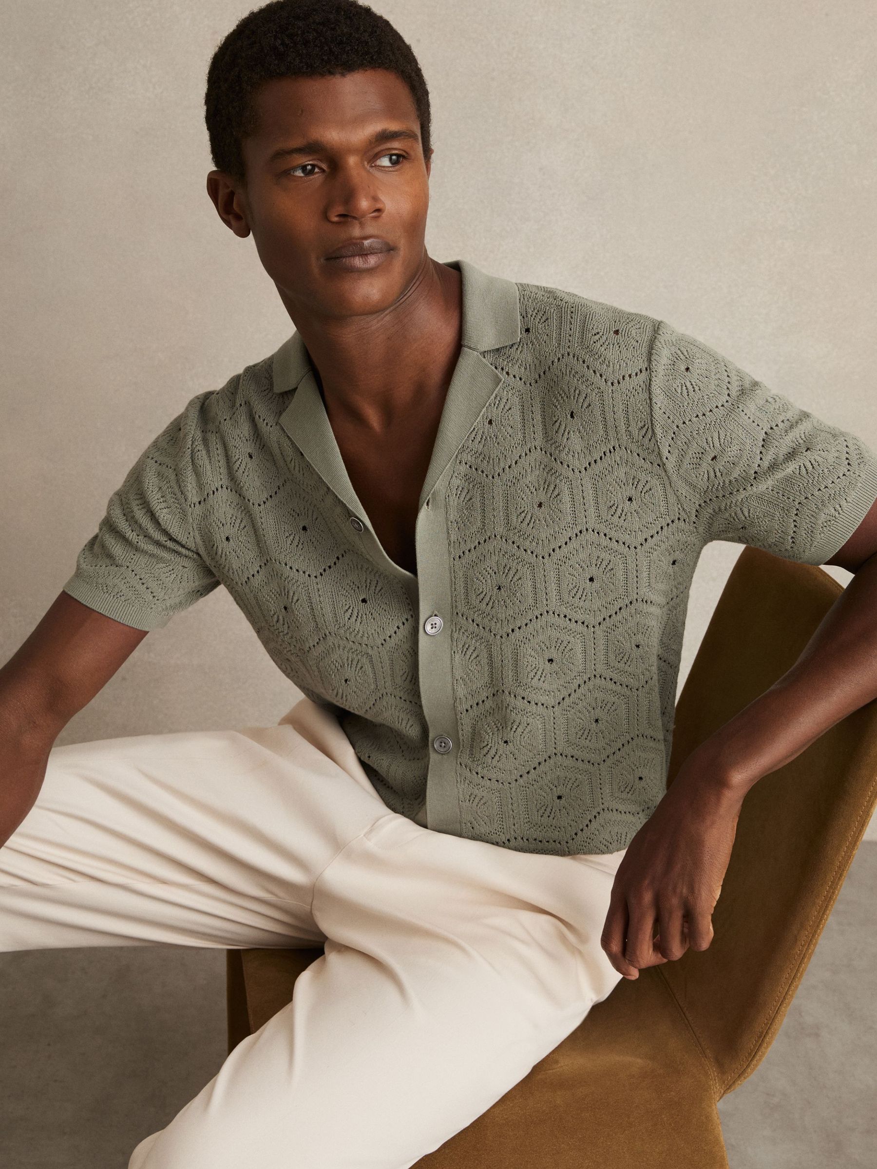 Pointelle Button-Through Shirt in Sage Green (AR9600) | 680 SAR