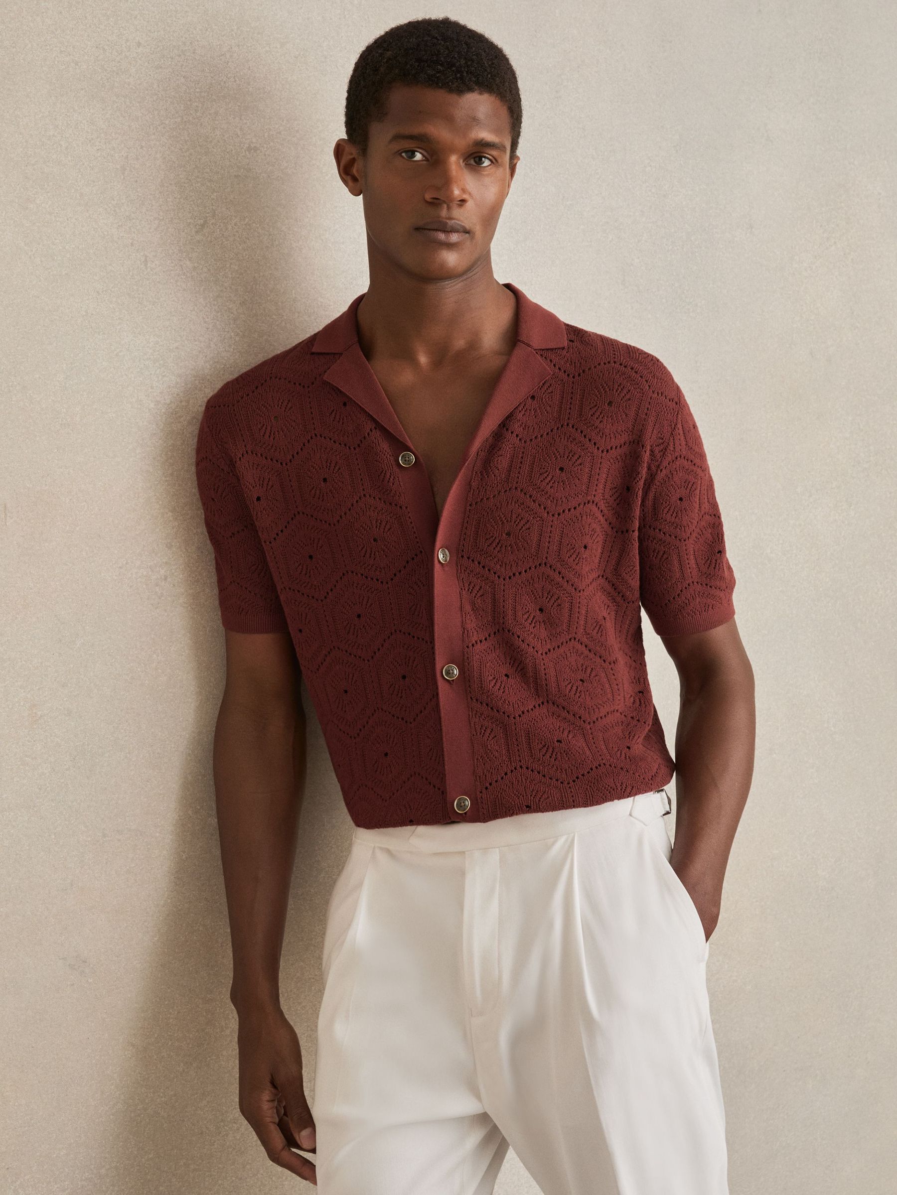 Pointelle Button Through Shirt in Brick Red (AR9612) | €170