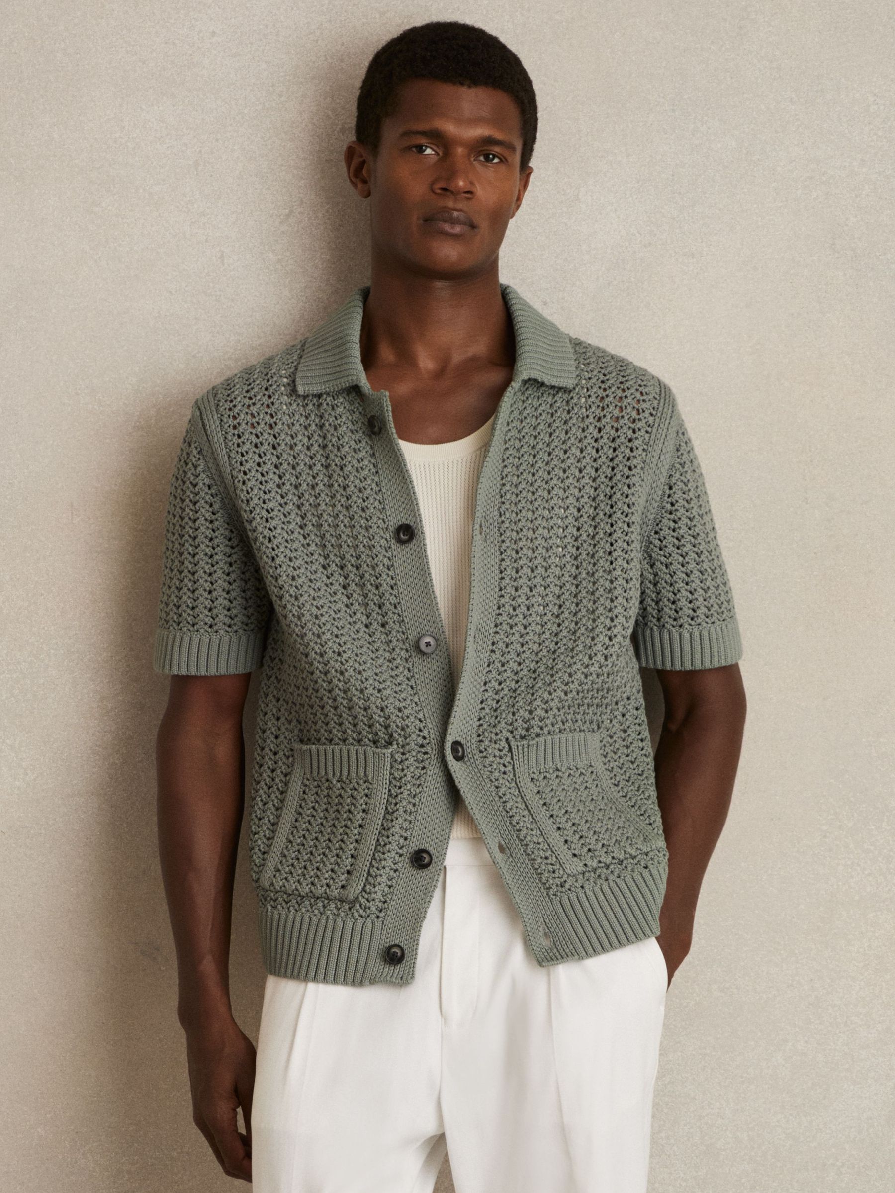 Crochet Button-Through Shirt in Sage Green (AR9620) | €185