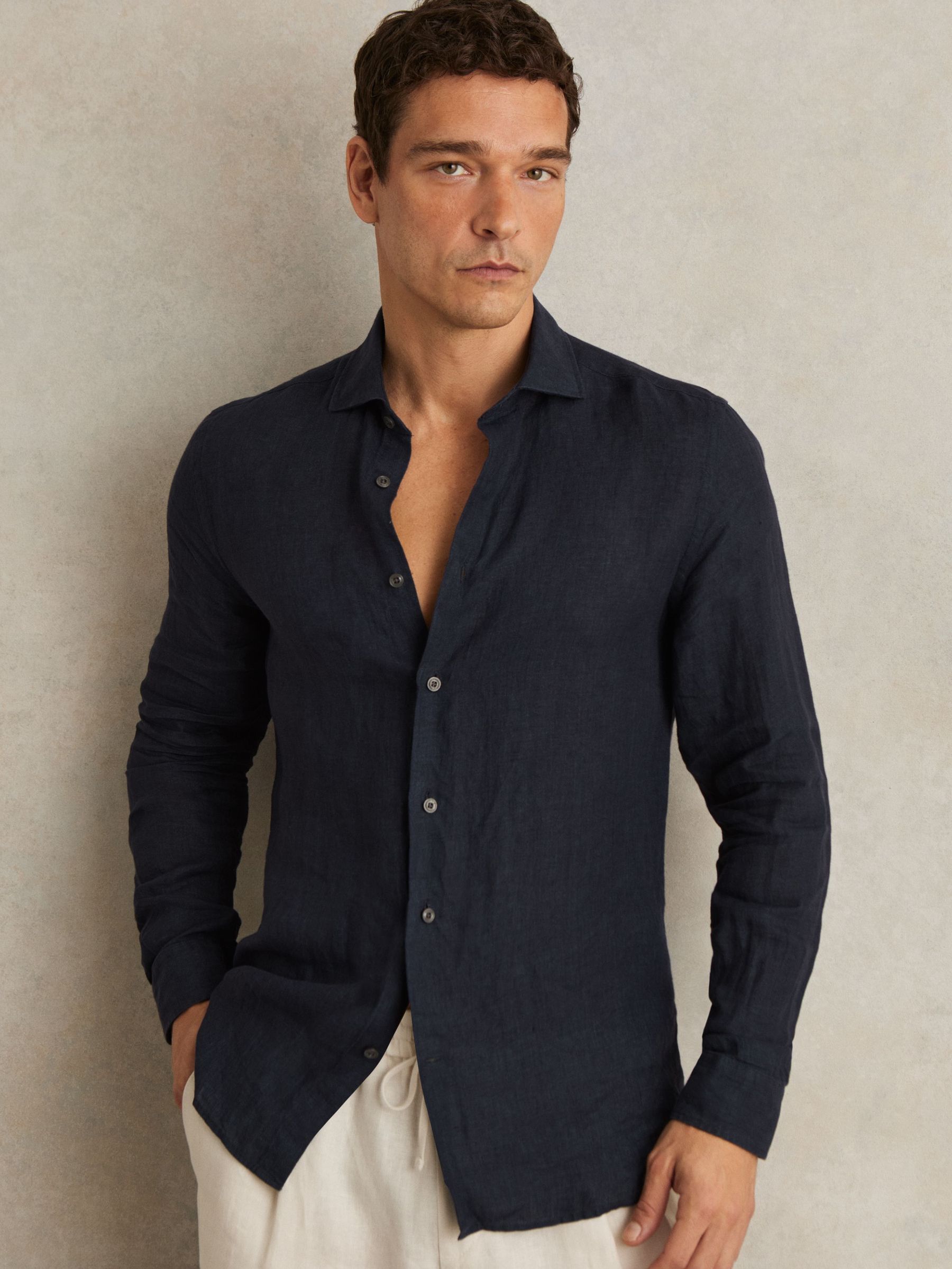 Linen Striped Cutaway-Collar Shirt in Navy (AR9621) | US$160