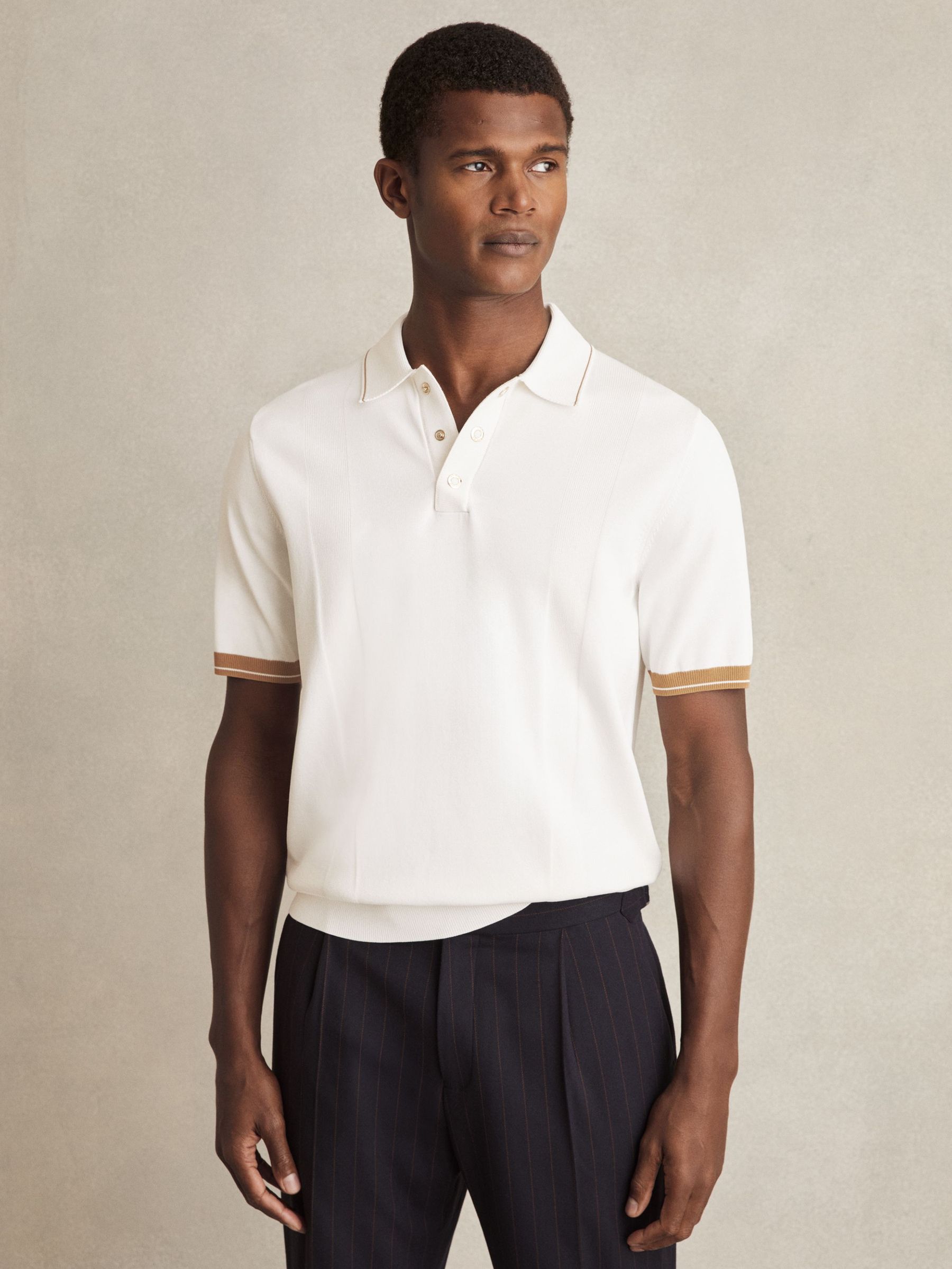 Tipped Knit Polo Shirt in White/Camel (AR9636) | US$180