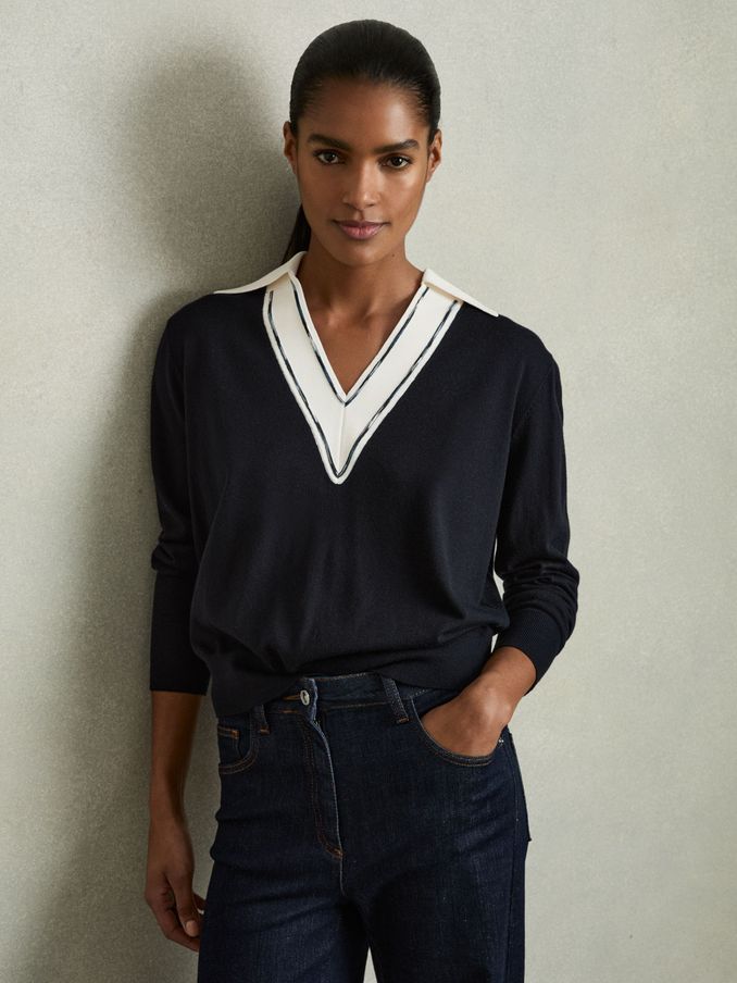 Wool Collared Cricket Jumper in Navy/White (AT0654) | €170