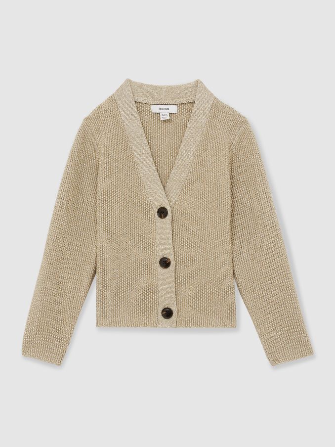 13-14 yrs Metallic-Knit V-Neck Cardigan in Gold (AT0655) | €75