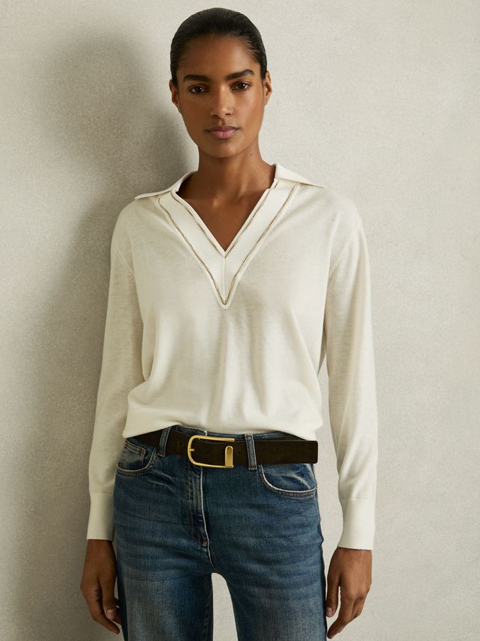 Wool Collared Cricket Jumper in Ivory (AT0657) | €170