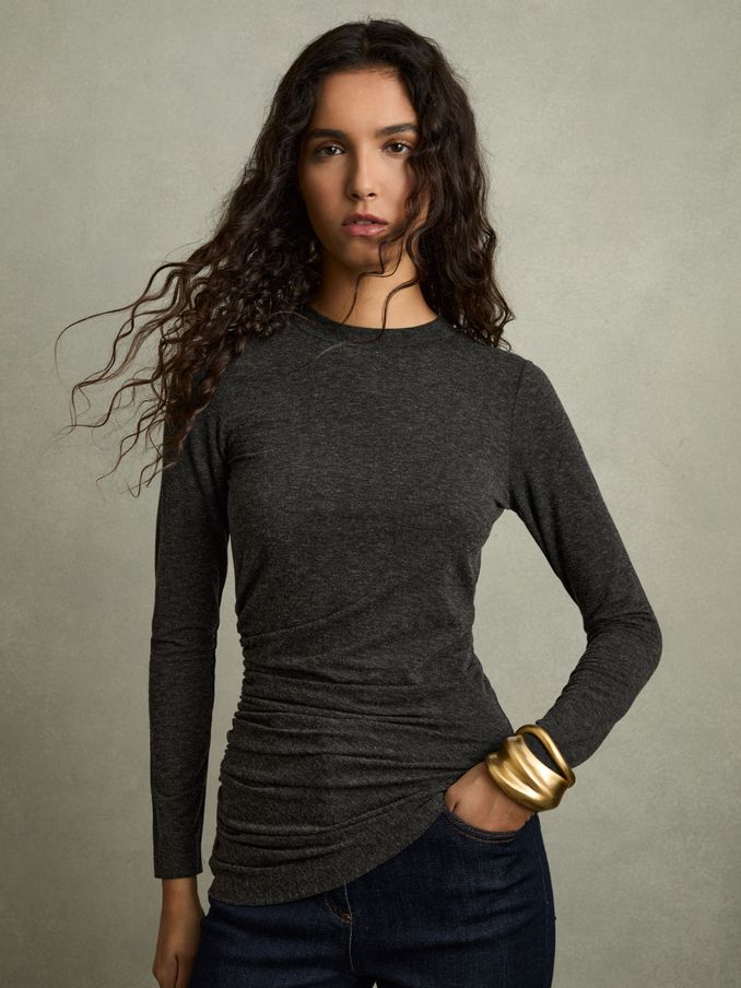 Asymmetric Ruched Top With Wool in Charcoal (AT0670) | €82