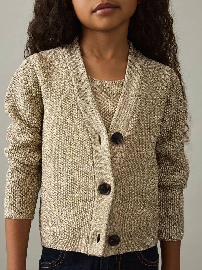 9-13 yrs Metallic-Knit V-Neck Cardigan in Gold (AT0672) | US$80