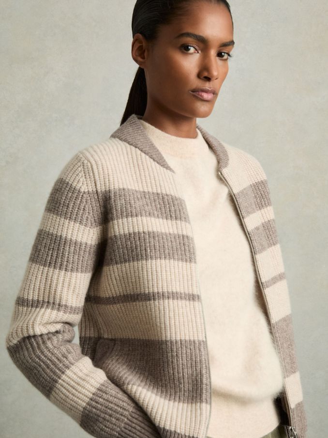 Wool Stripe Zip-Through Cardigan in Neutral/Brown (AT0686) | CA$209