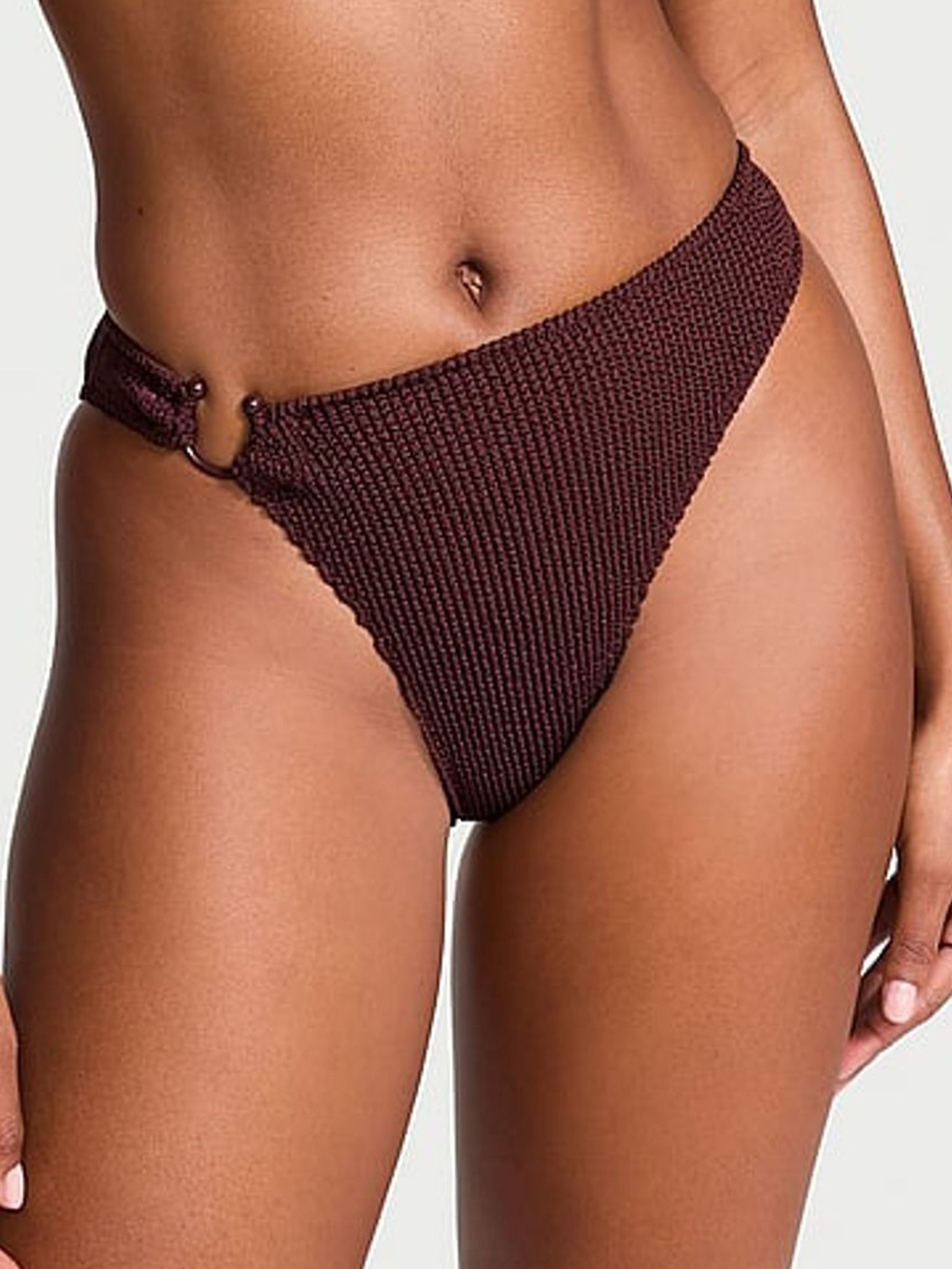 Burgundy Brown High Leg Crinkle U-Ring Bikini Bottoms (AT0919) | €52