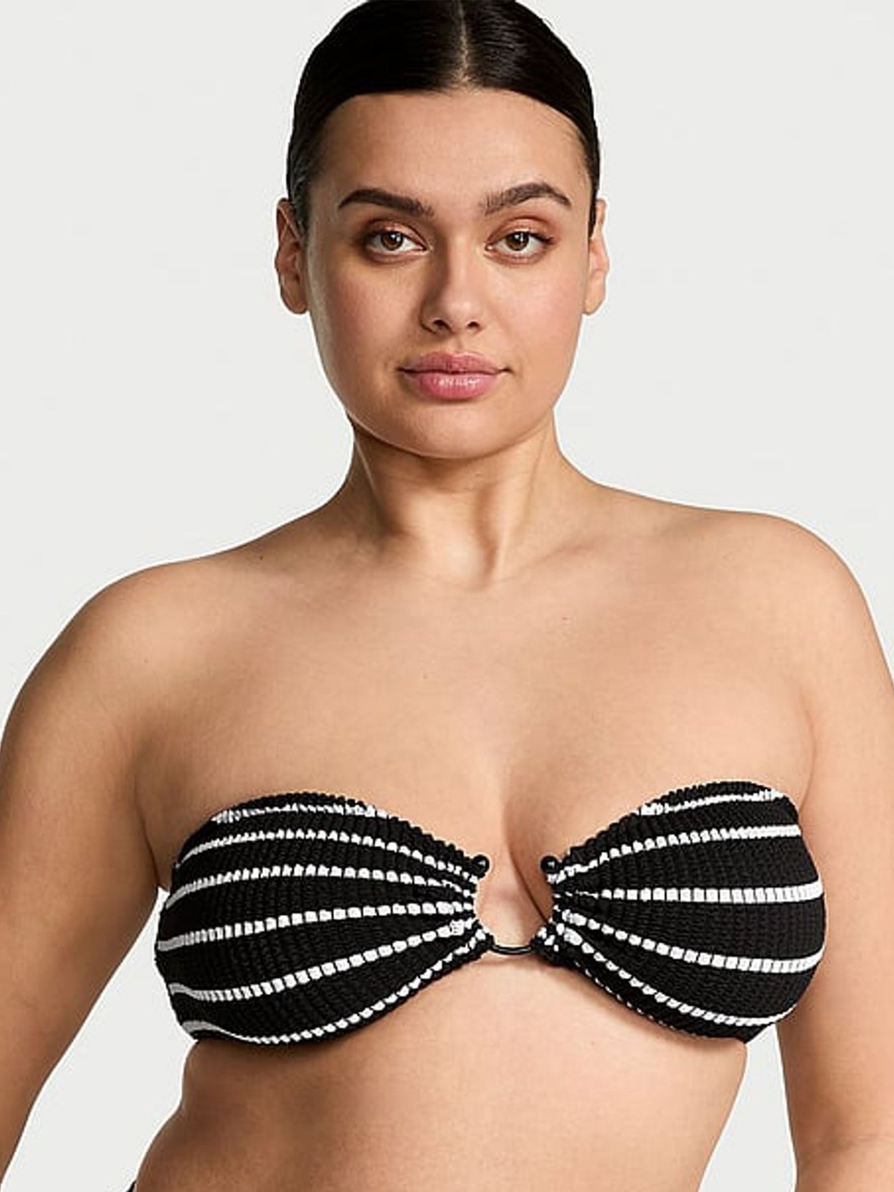 Black And White Stripe Strapless Crinkle U-Ring Bandeau Bikini Top (AT0932) | €52
