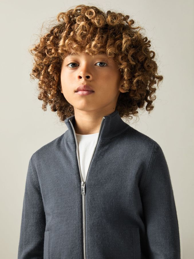 3-9 yrs Merino Wool Zip-Through Funnel-Neck Cardigan in Blackened Blue (AT1465) | US$60