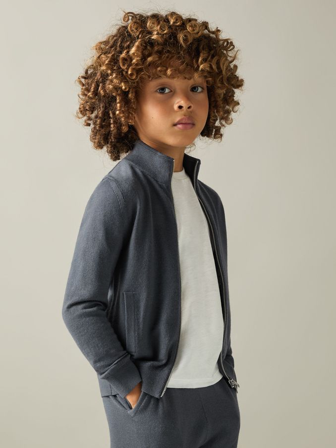 9-13 yrs Merino Wool Zip-Through Funnel-Neck Cardigan in Blackened Blue (AT1467) | US$65
